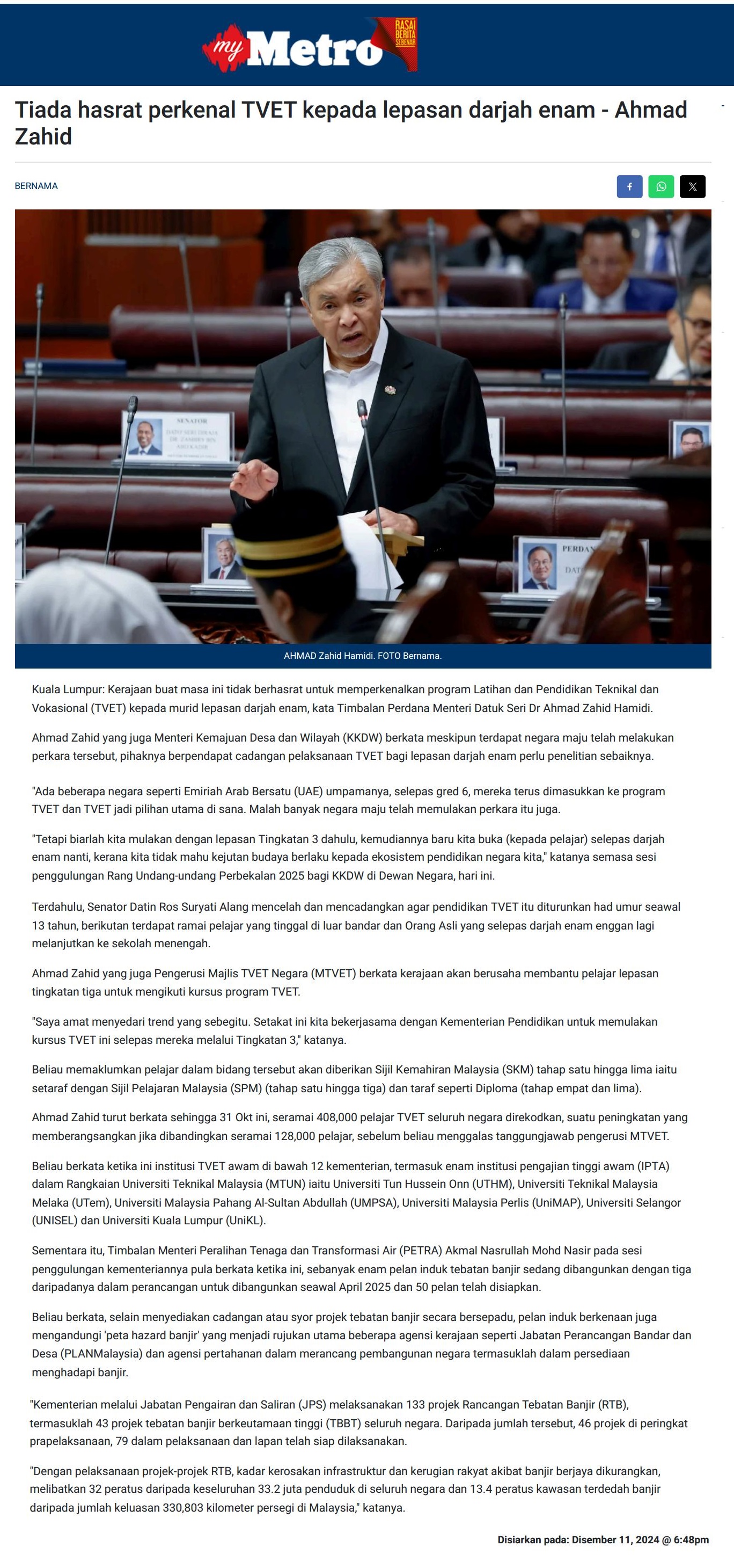 700 Tiada hasrat perkenal TVET kepada lepasan darjah enam - Ahmad Zahid 