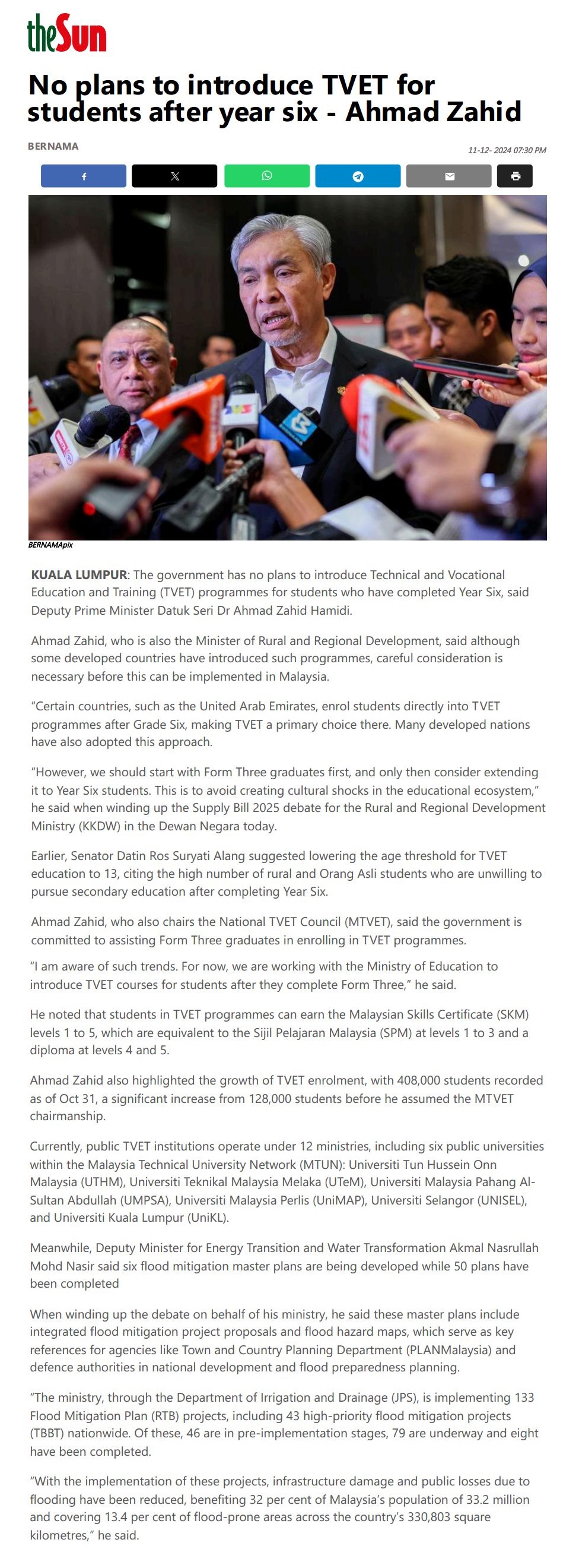 701 No plans to introduce TVET for students after year six - Ahmad Zahid 
