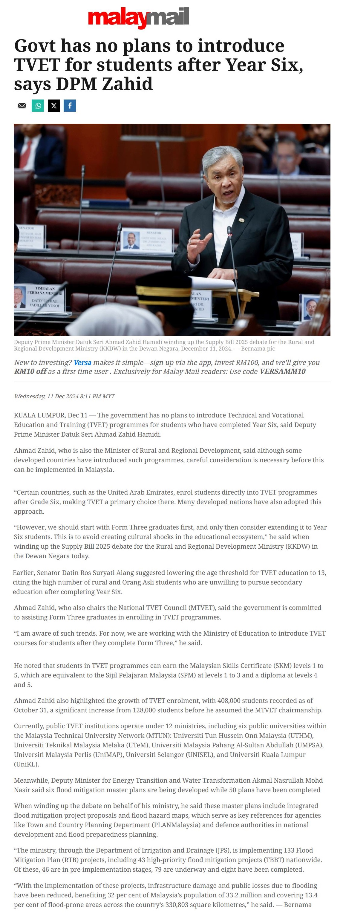 703 Govt has no plans to introduce TVET for students after Year Six, says DPM Zahid 