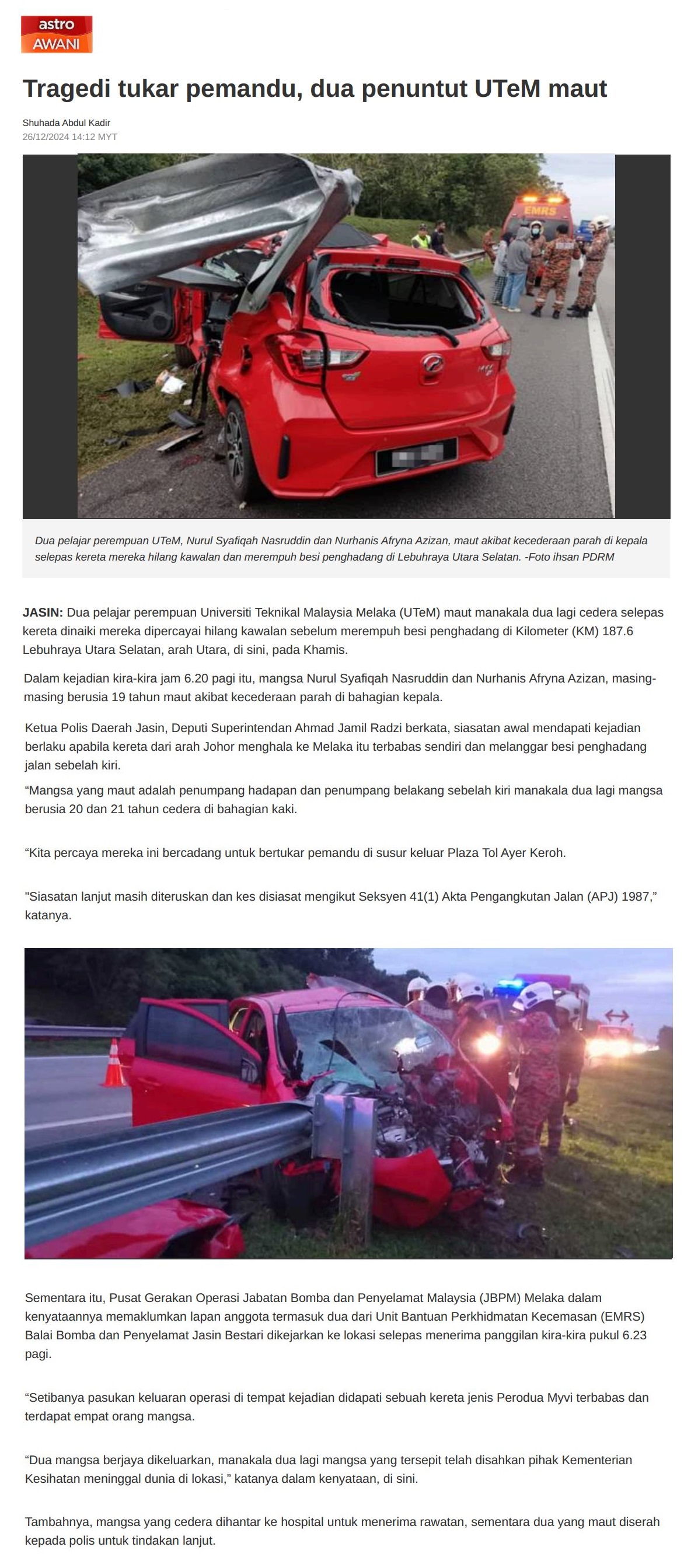 720 Tragedi tukar pemandu, dua penuntut UTeM maut 