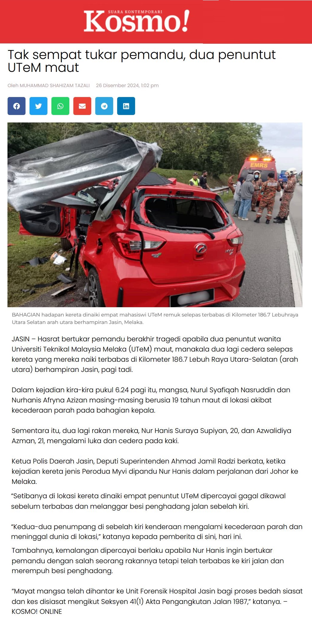 721 Tak sempat tukar pemandu, dua penuntut UTeM maut 