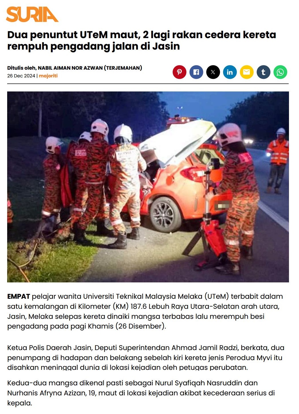 722 Dua penuntut UTeM maut, 2 lagi rakan cedera kereta rempuh pengadang jalan di Jasin 