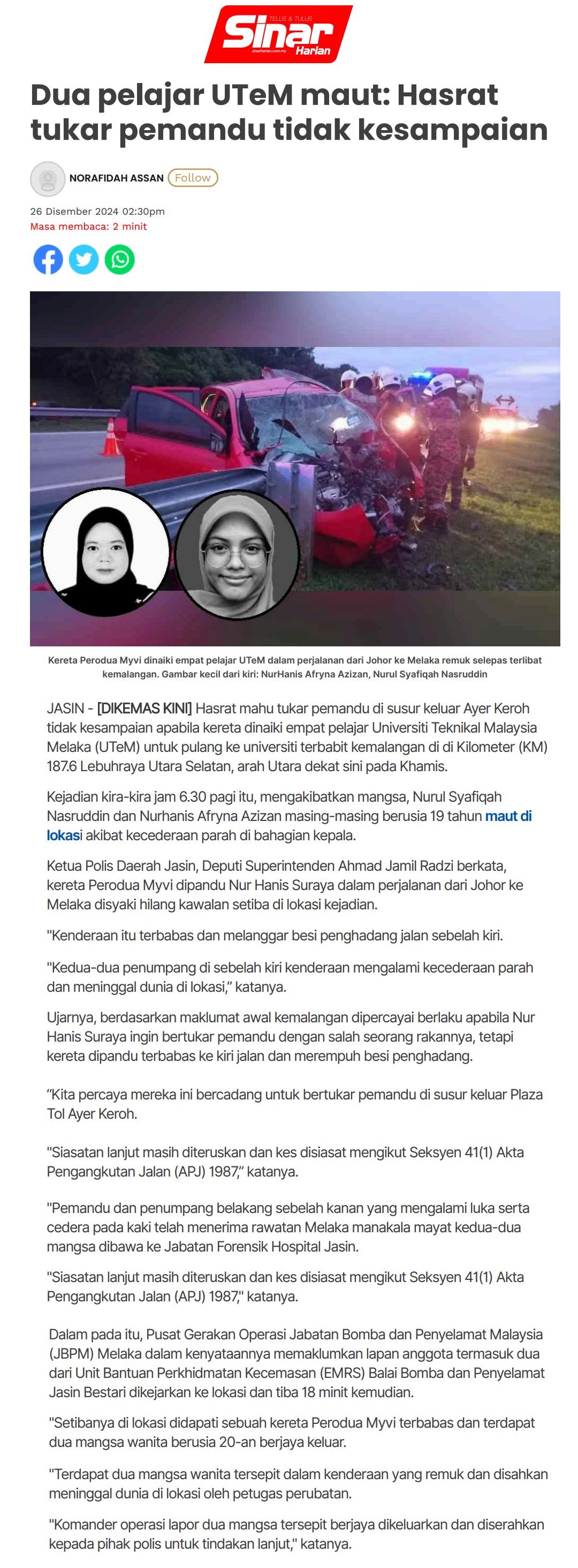 727 Dua pelajar UTeM maut: Hasrat tukar pemandu tidak kesampaian 