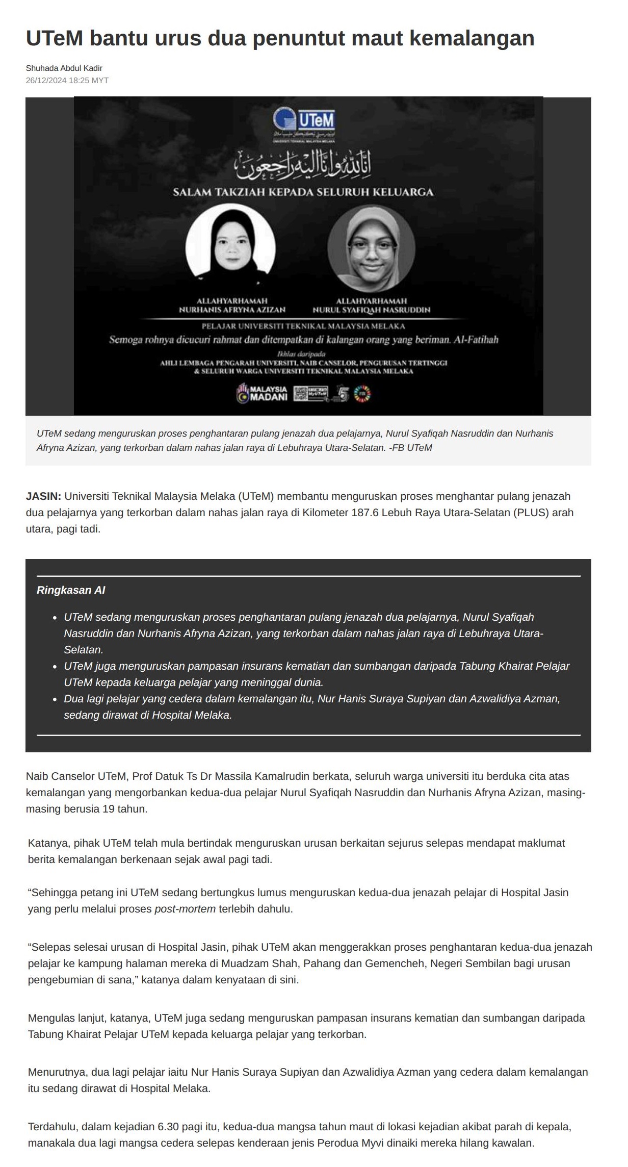 730 UTeM bantu urus dua penuntut maut kemalangan 