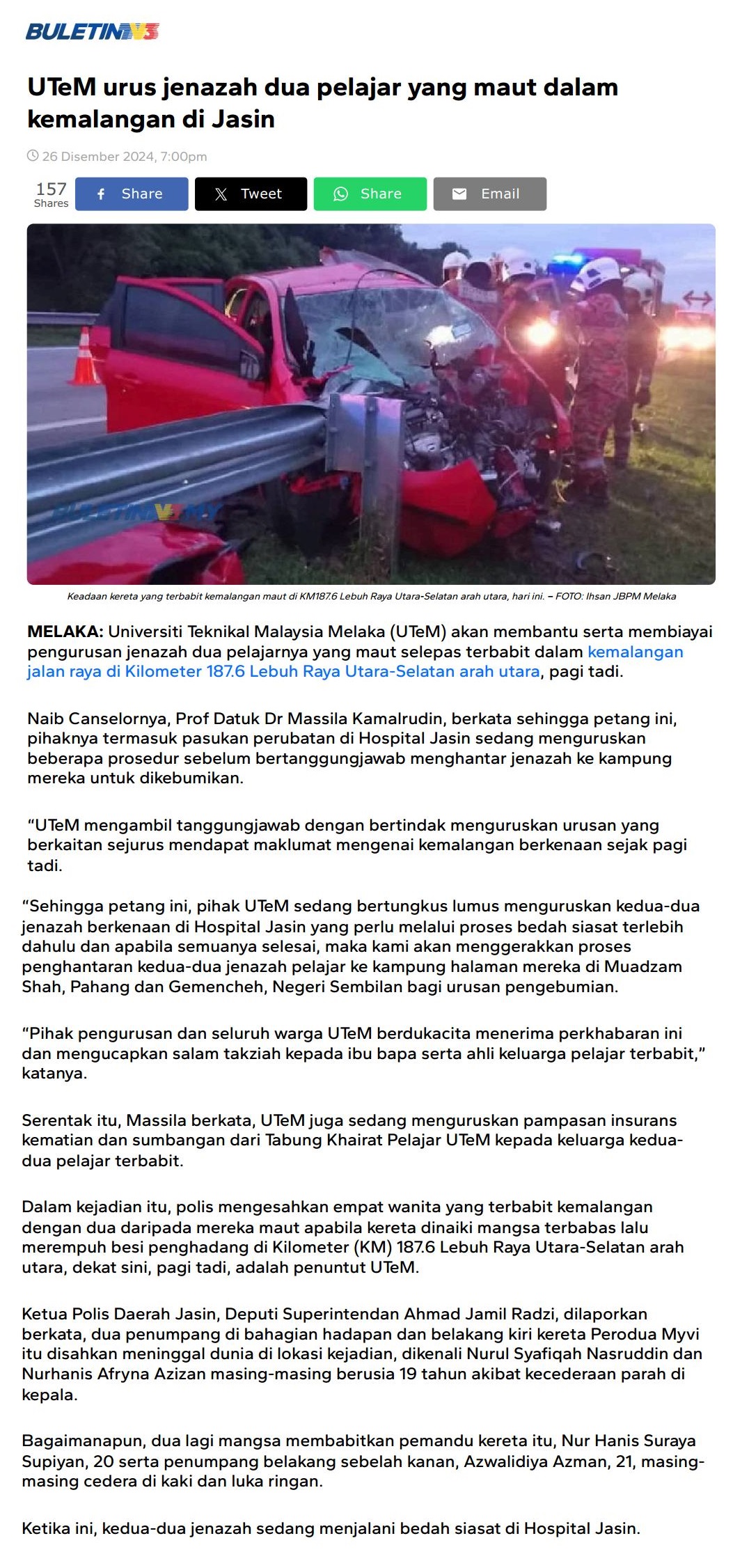 732 UTeM urus jenazah dua pelajar yang maut dalam kemalangan di Jasin 