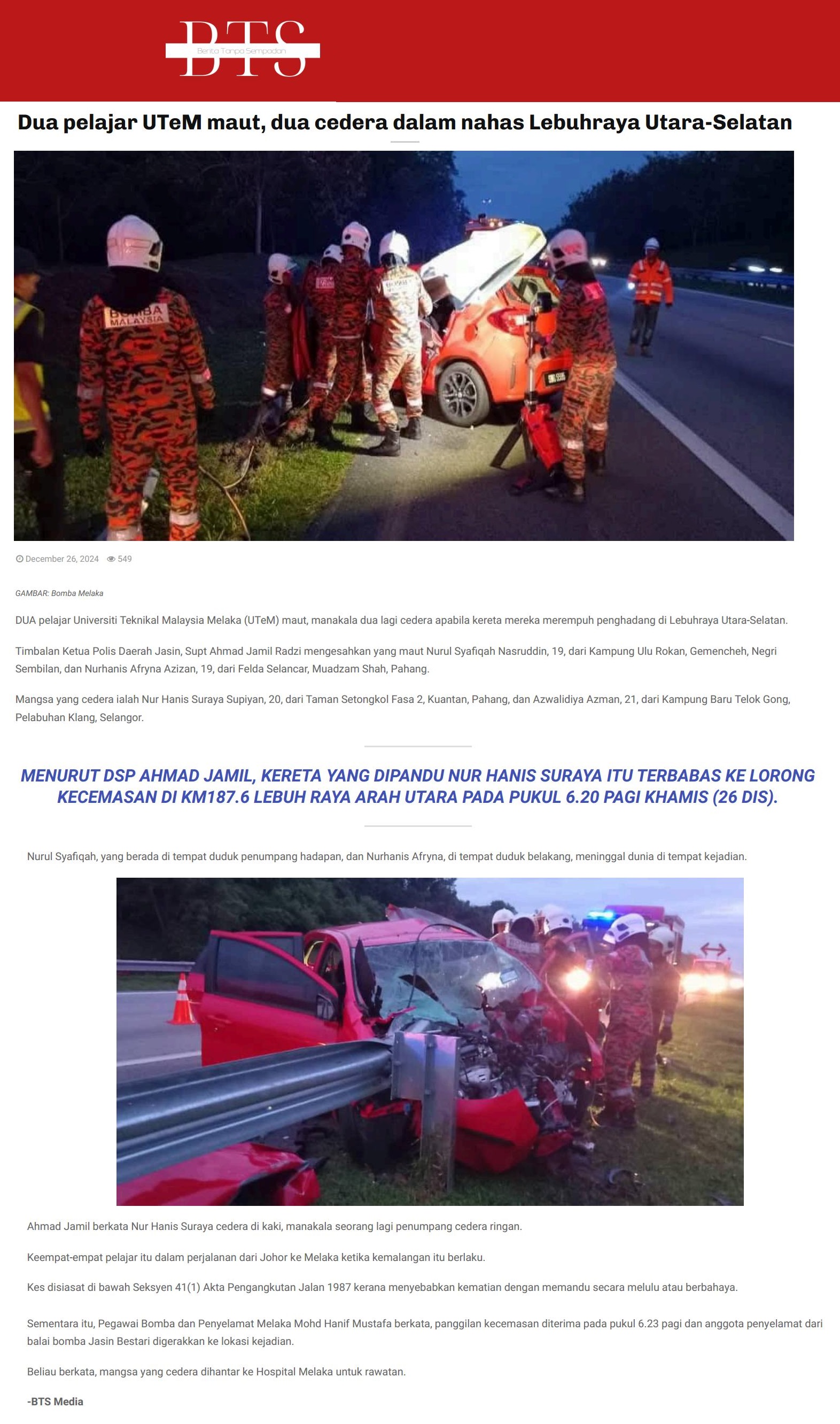 739 Dua pelajar UTeM maut, dua cedera dalam nahas Lebuhraya Utara-Selatan 