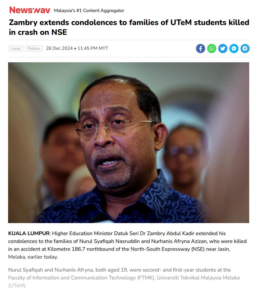 746 Zambry extends condolences to families of UTeM students killed in crash on NSE 