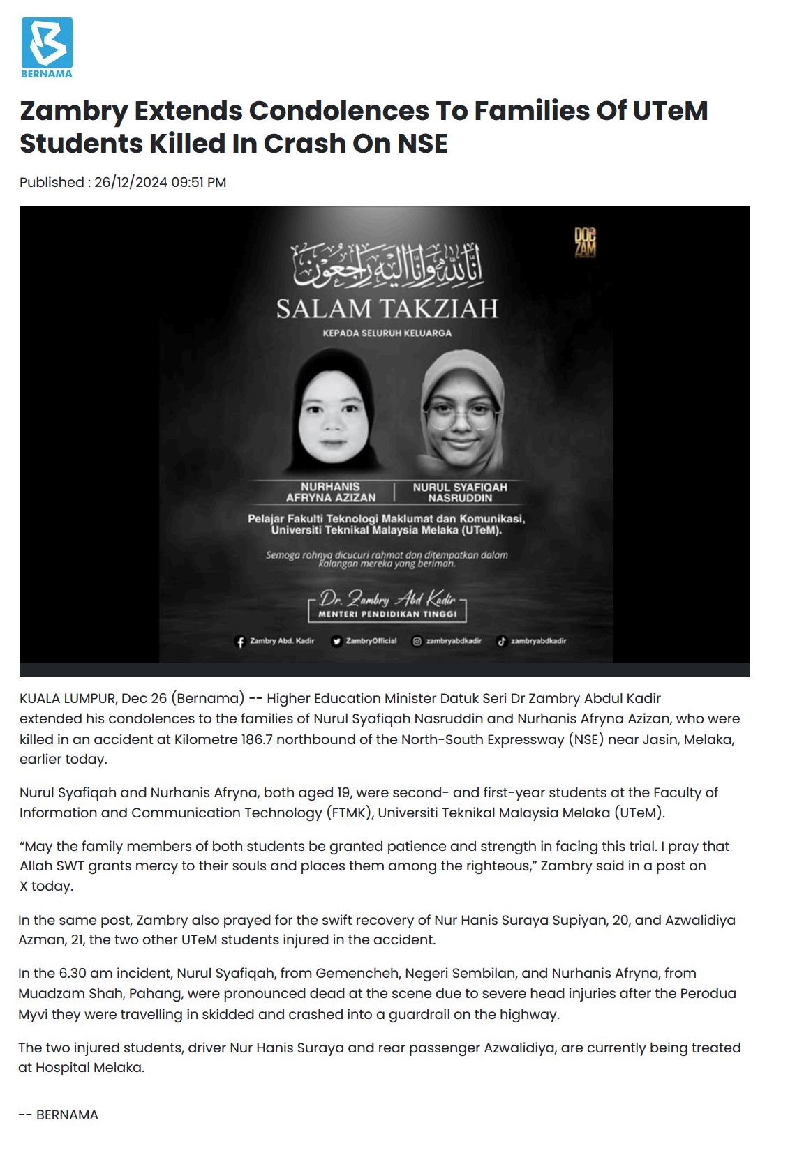 749 BERNAMA - Zambry Extends Condolences To Families Of UTeM Students Killed In Crash On NSE 