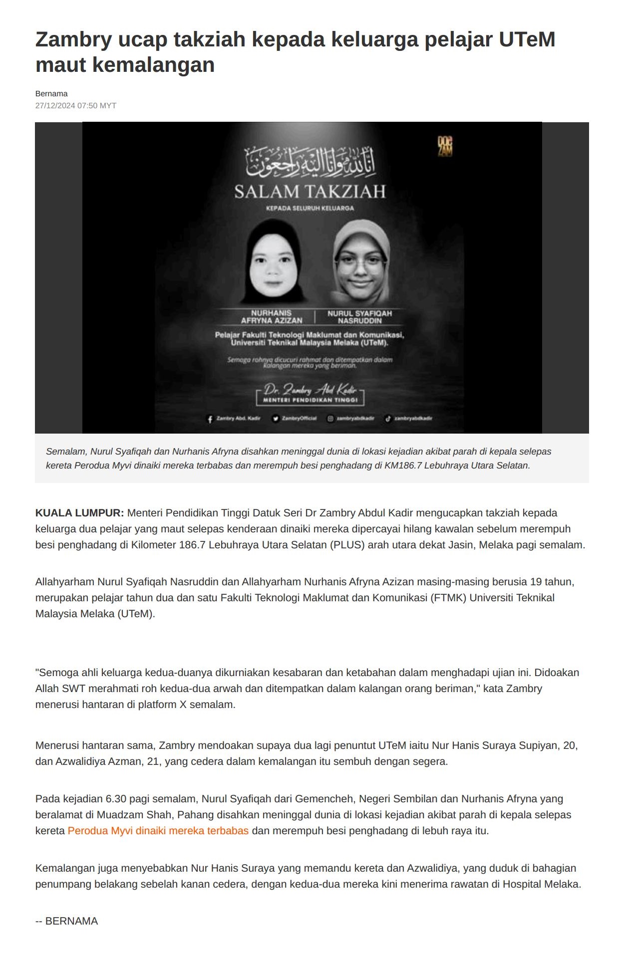 751 Zambry ucap takziah kepada keluarga pelajar UTeM maut kemalangan 