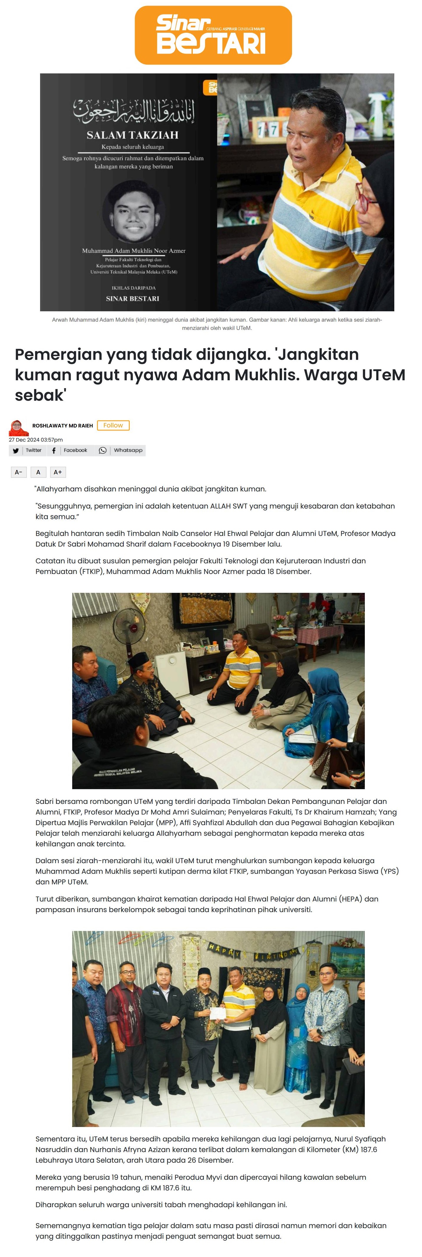 760 Pemergian yang tidak dijangka. 'Jangkitan kuman ragut nyawa Adam Mukhlis. Warga UTeM sebak' 