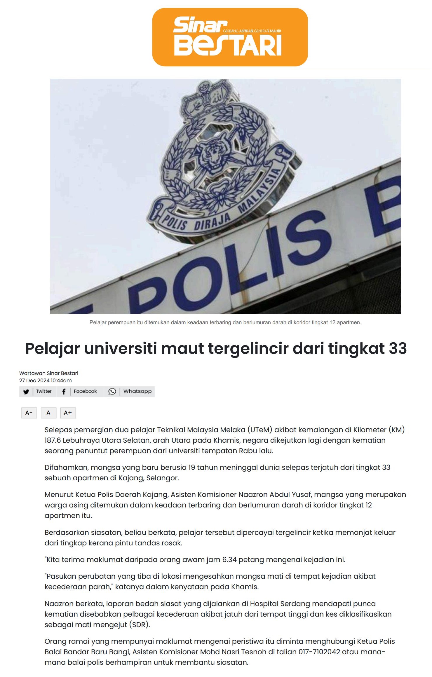 761 Pelajar universiti maut tergelincir dari tingkat 33 