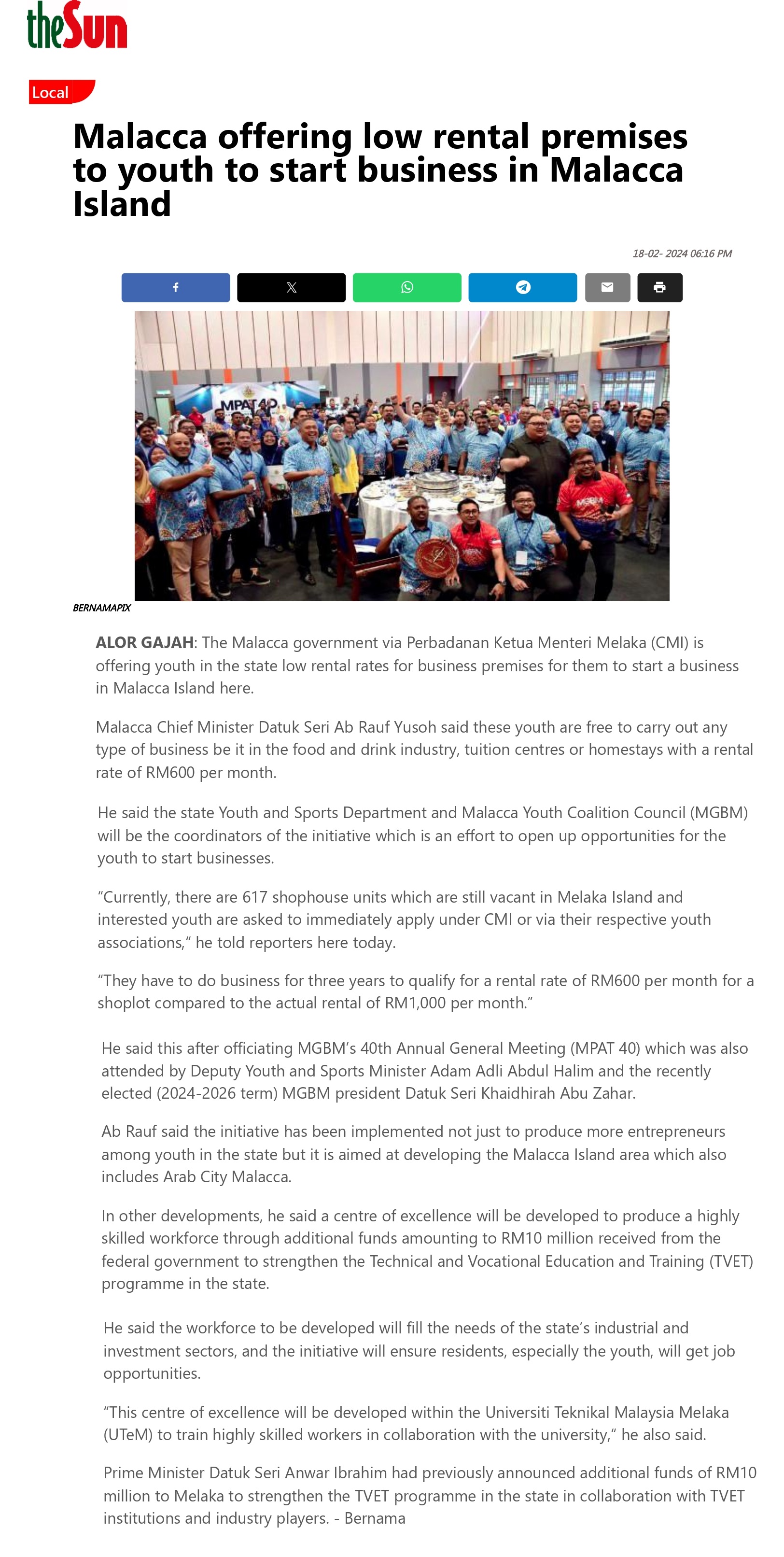 Malacca offering low rental premises to youth to start business in Malacca Island