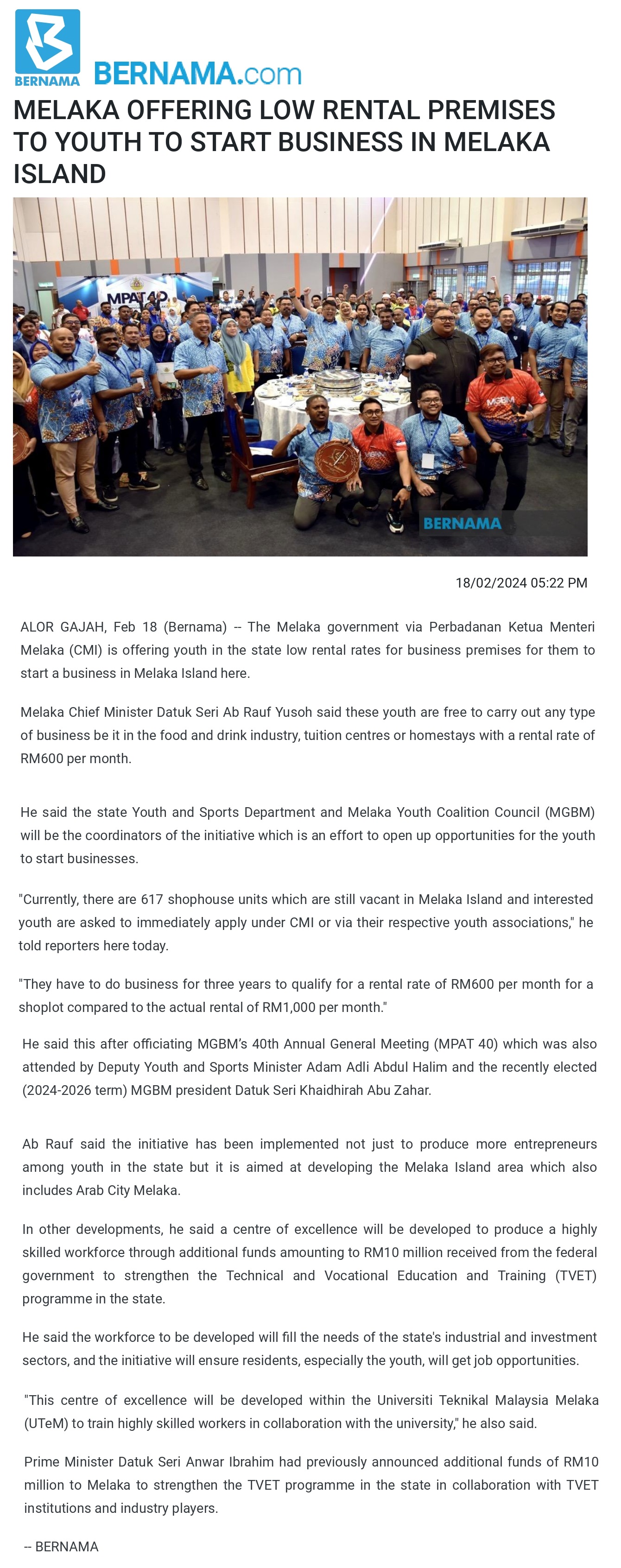 MELAKA OFFERING LOW RENTAL PREMISES TO YOUTH TO START BUSINESS IN MELAKA ISLAND