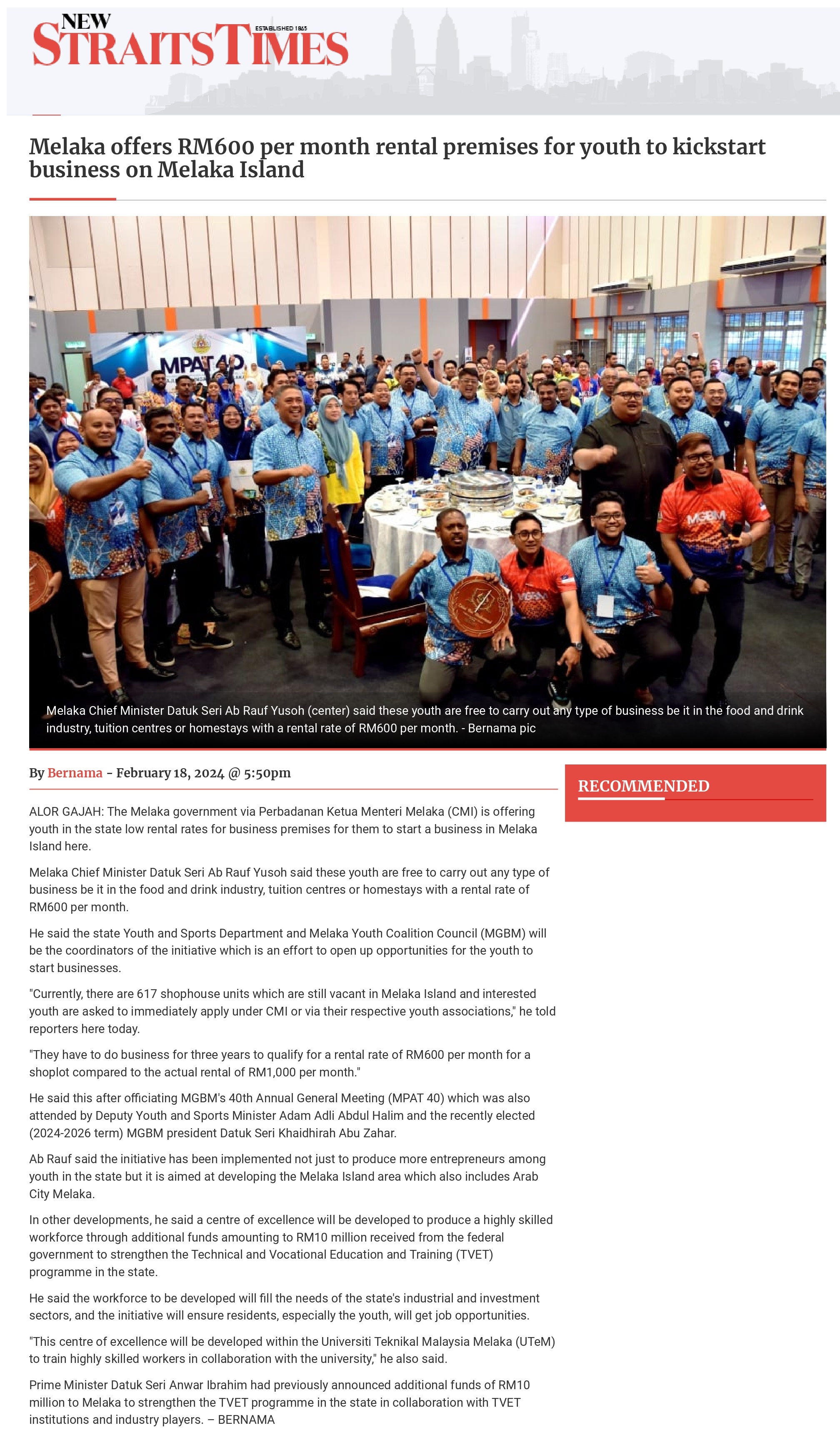 Melaka offers RM600 per month rental premises for youth to kickstart business on Melaka Island