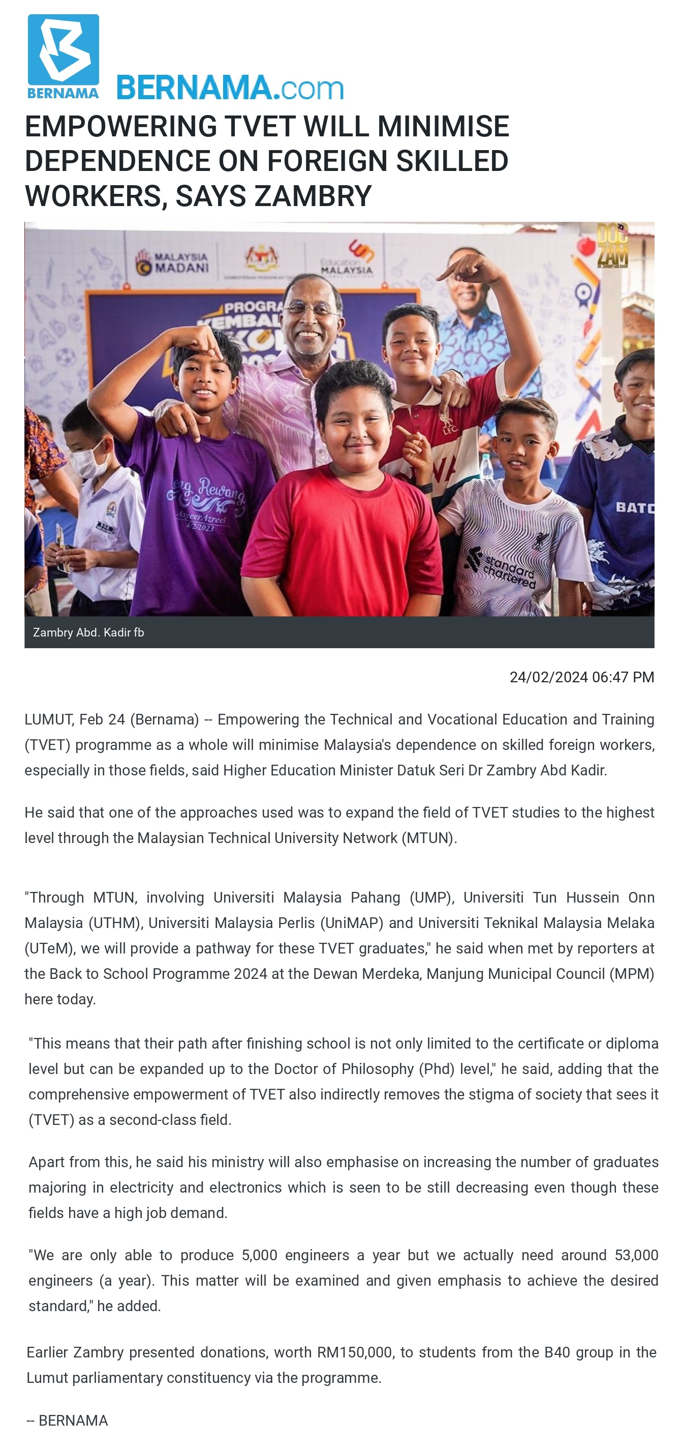 EMPOWERING TVET WILL MINIMISE DEPENDENCE ON FOREIGN SKILLED WORKERS, SAYS ZAMBRY