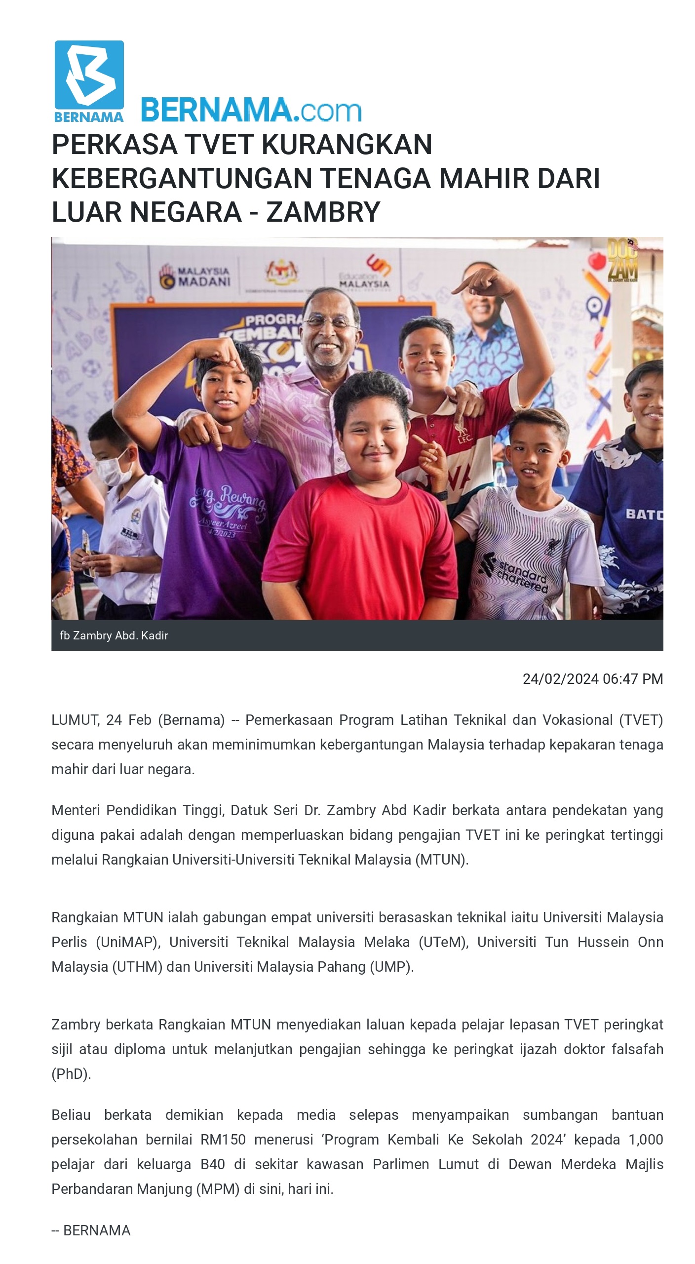 PERKASA TVET KURANGKAN KEBERGANTUNGAN TENAGA MAHIR DARI LUAR NEGARA - ZAMBRY