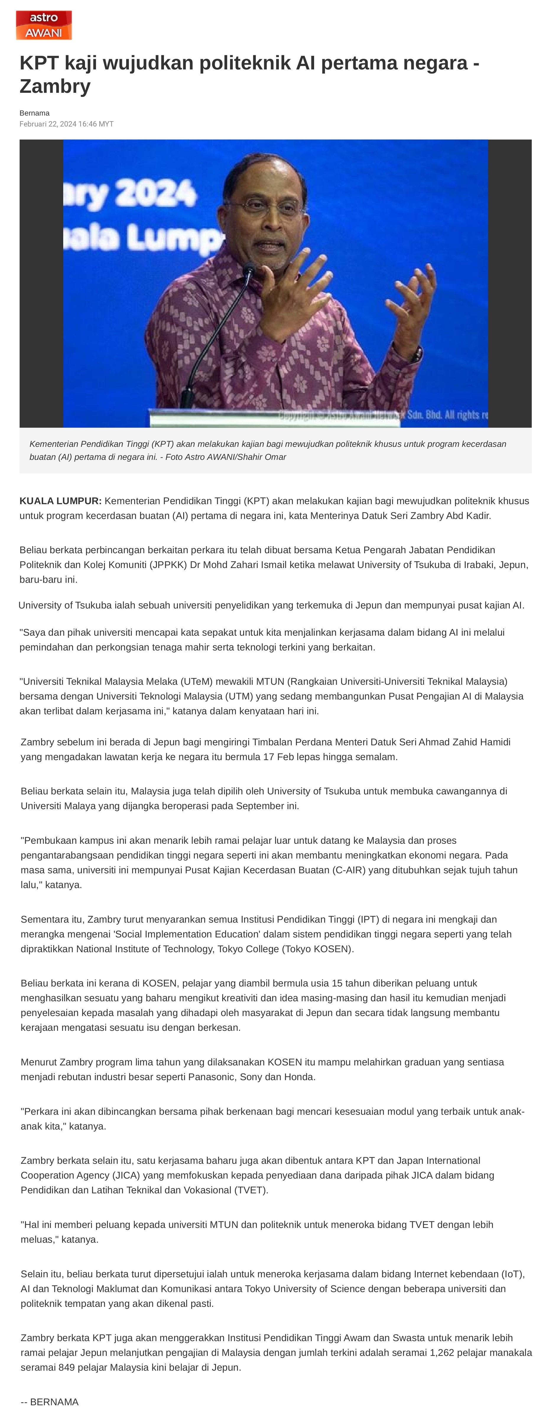 KPT kaji wujudkan politeknik AI pertama negara - Zambry