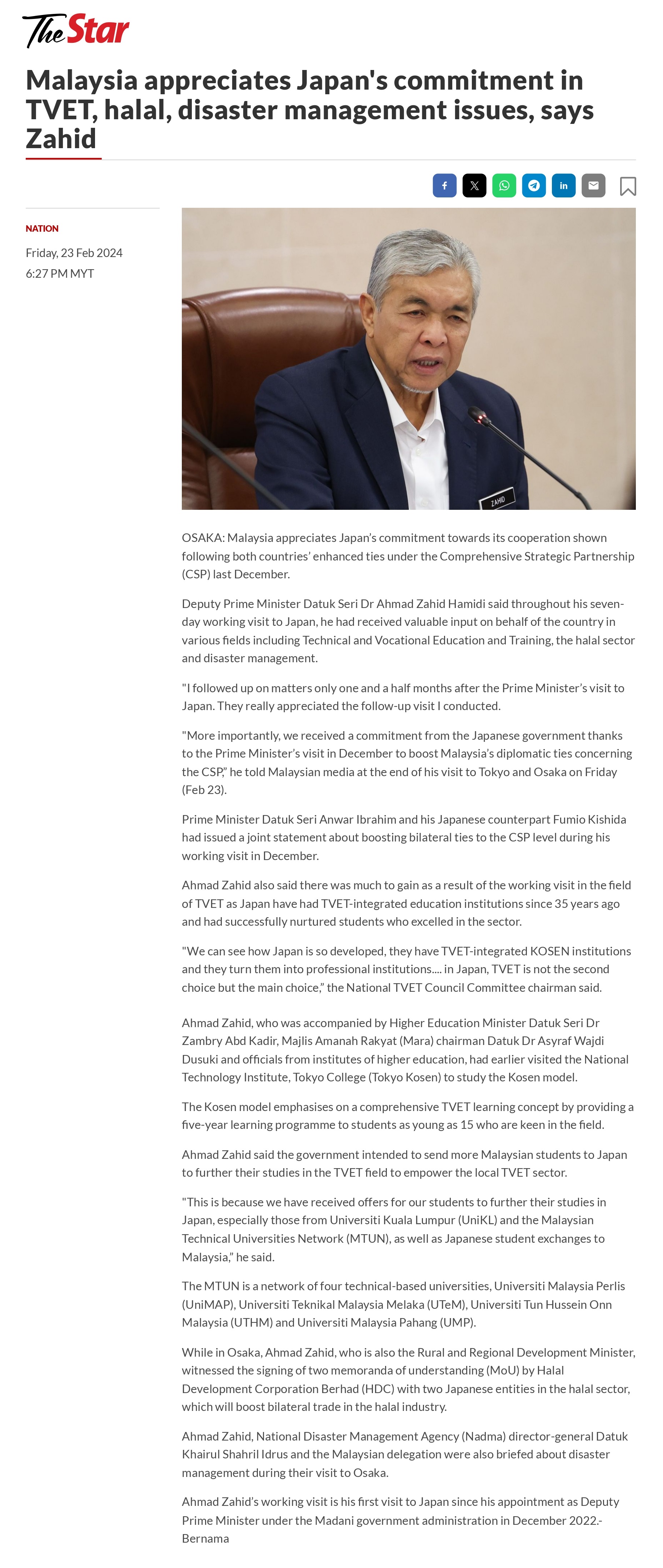 Malaysia appreciates Japan's commitment in TVET, halal, disaster management issues, says Zahid