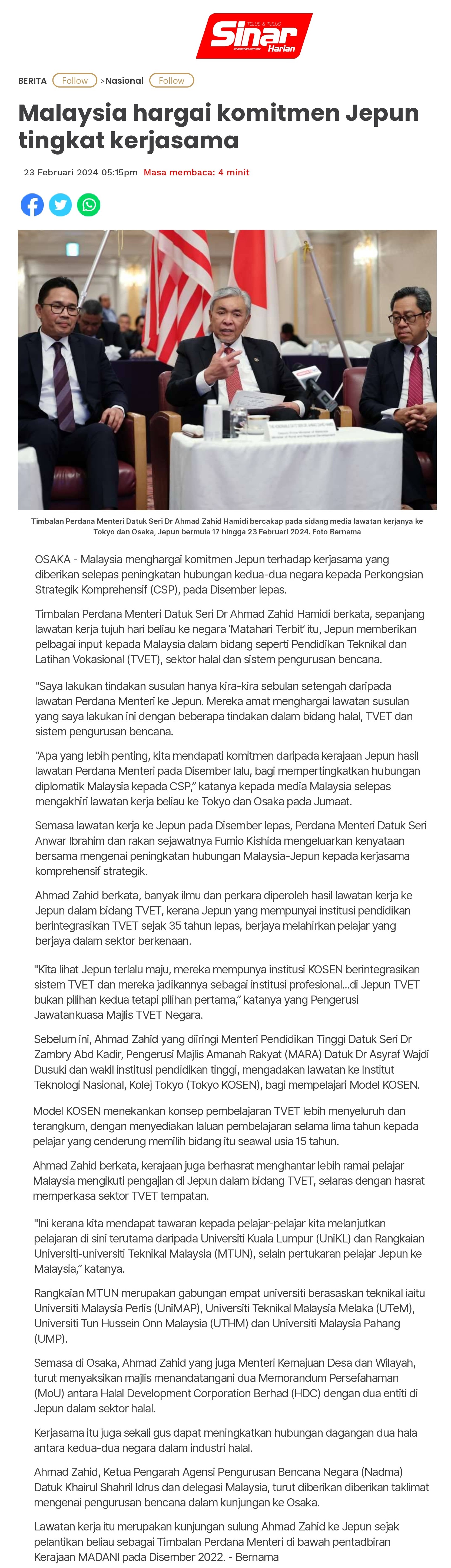 Malaysia hargai komitmen Jepun tingkat kerjasama