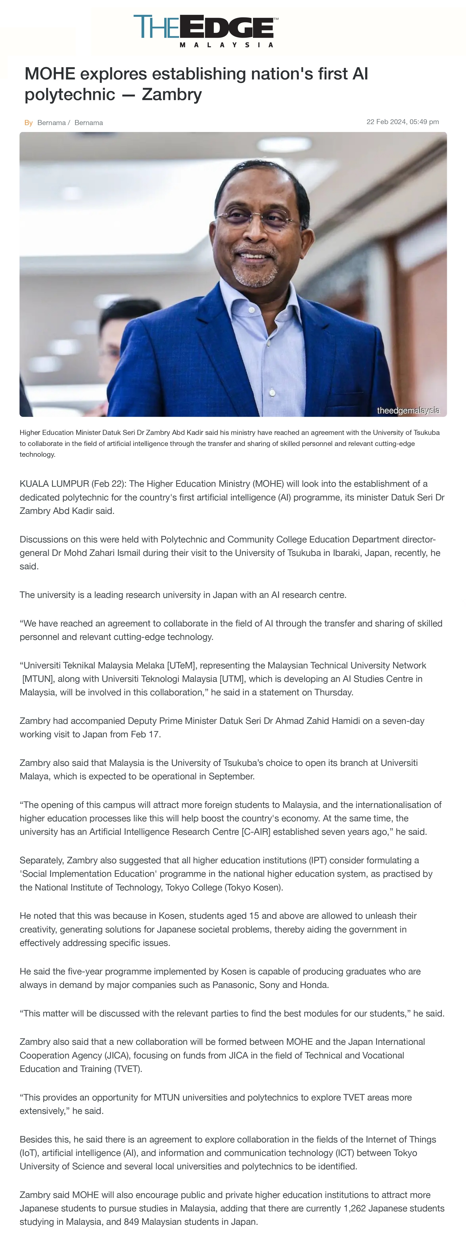 MOHE explores establishing nation's first AI polytechnic — Zambry