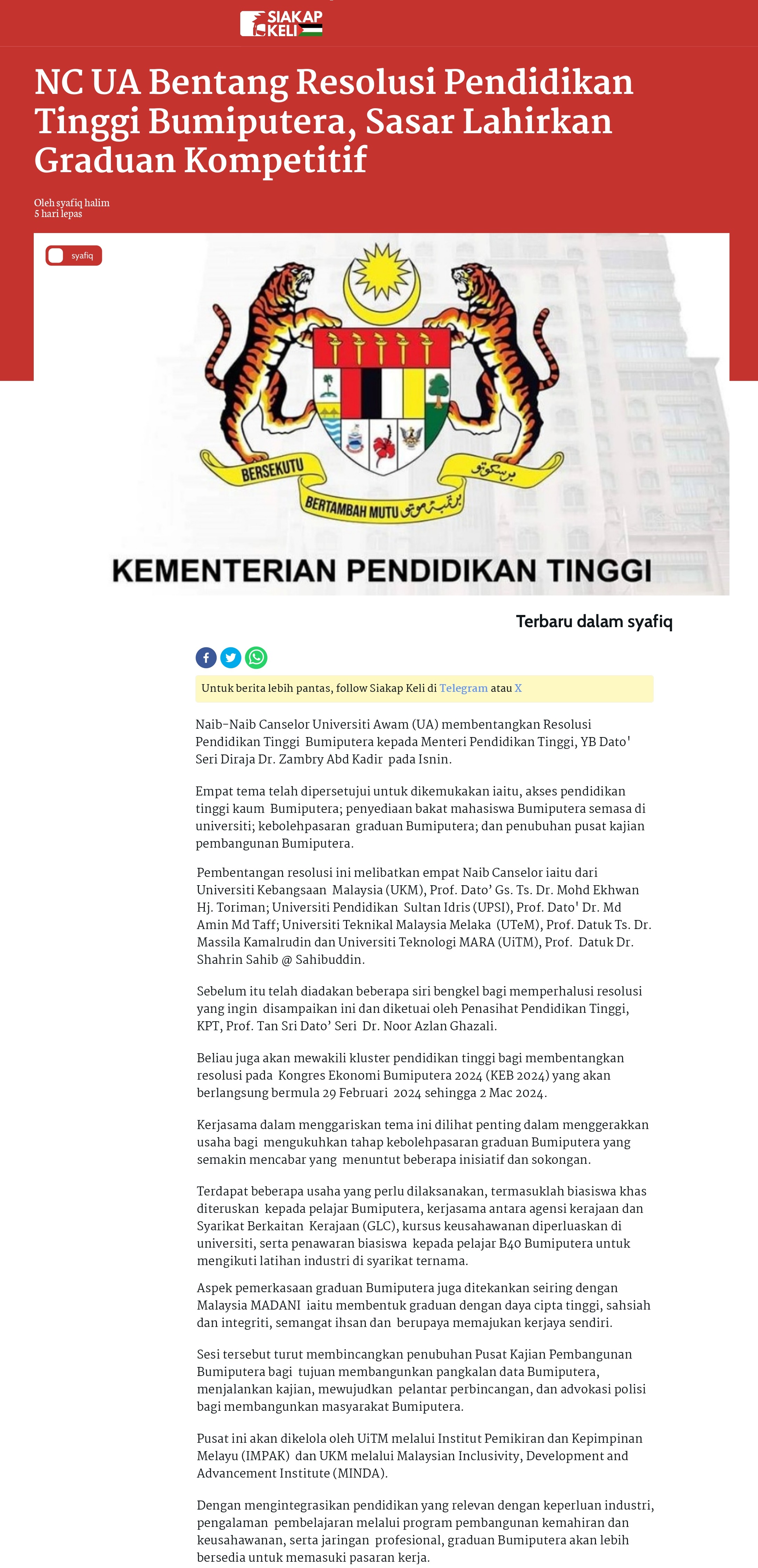 NC UA Bentang Resolusi Pendidikan Tinggi Bumiputera, Sasar Lahirkan Graduan Kompetitif