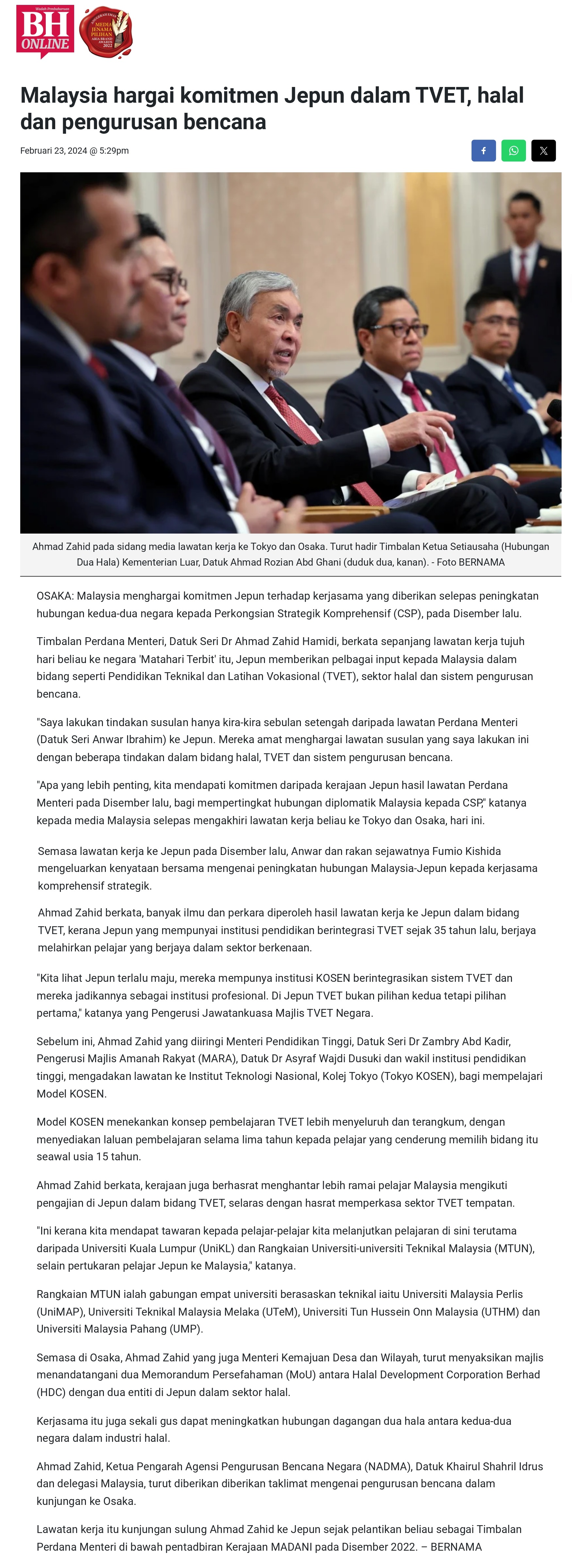 Malaysia hargai komitmen Jepun dalam TVET, halal dan pengurusan bencana