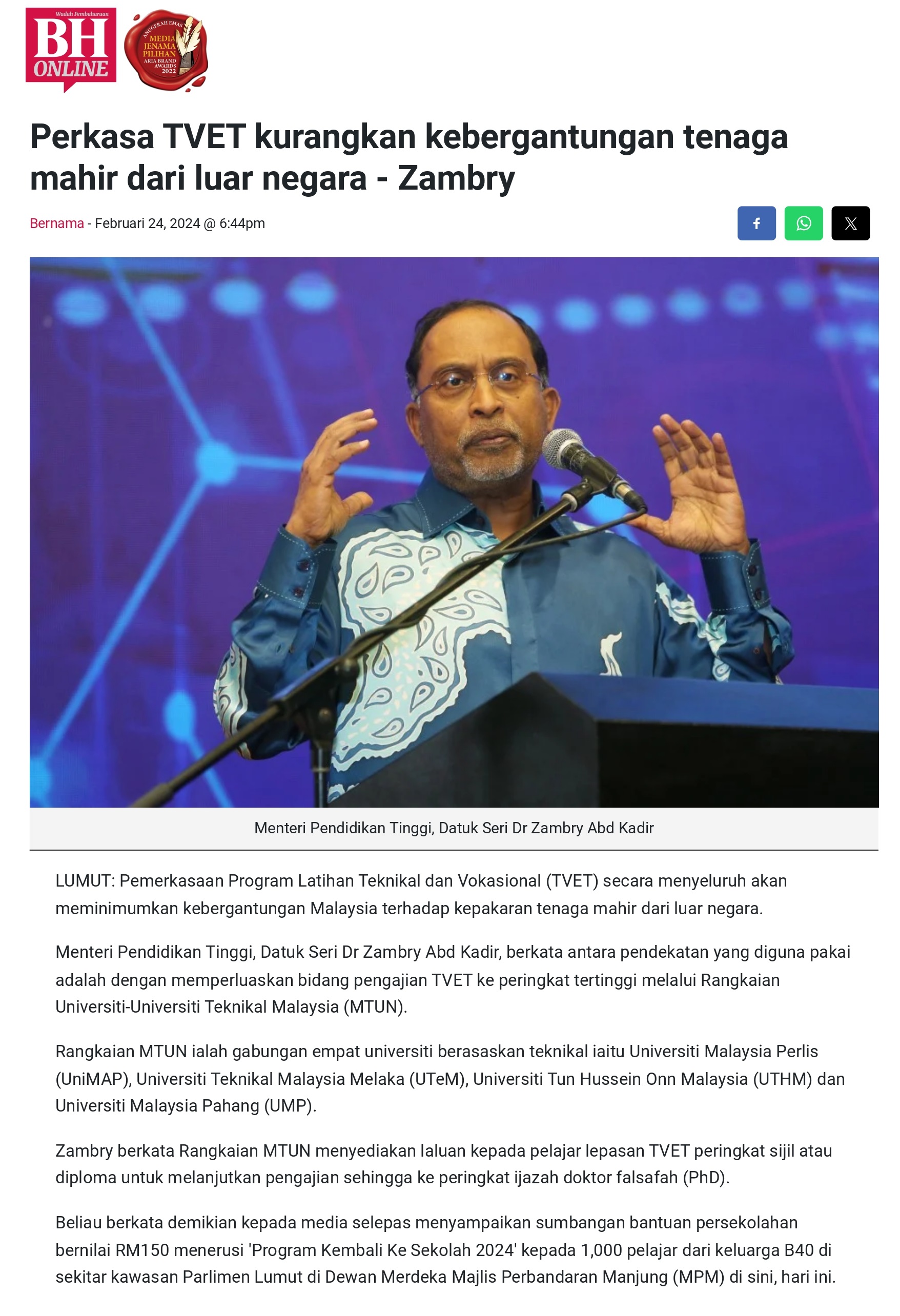 Perkasa TVET kurangkan kebergantungan tenaga mahir dari luar negara - Zambry