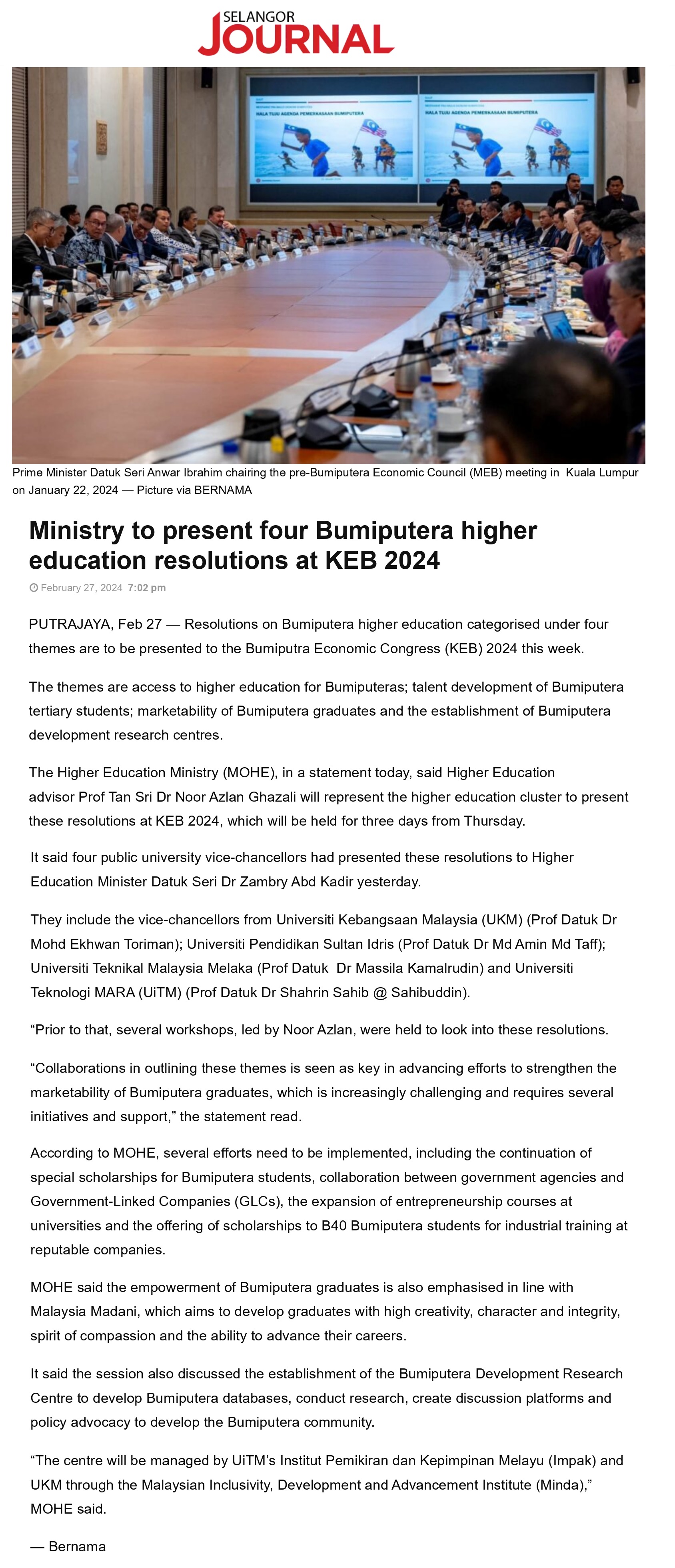 Ministry to present four Bumiputera higher education resolutions at KEB 2024