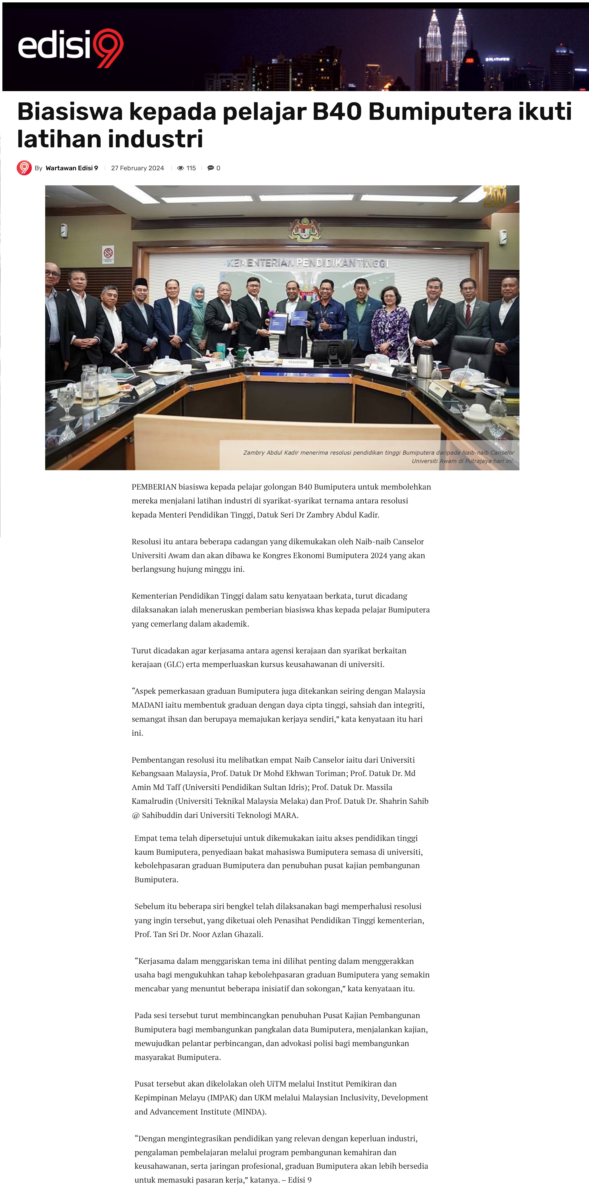 Biasiswa kepada pelajar B40 Bumiputera ikuti latihan industry