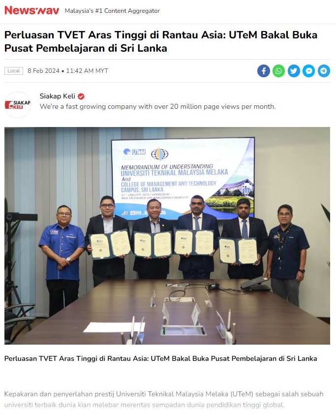 Perluasan TVET Aras Tinggi di Rantau Asia: UTeM Bakal Buka Pusat Pembelajaran di Sri Lanka