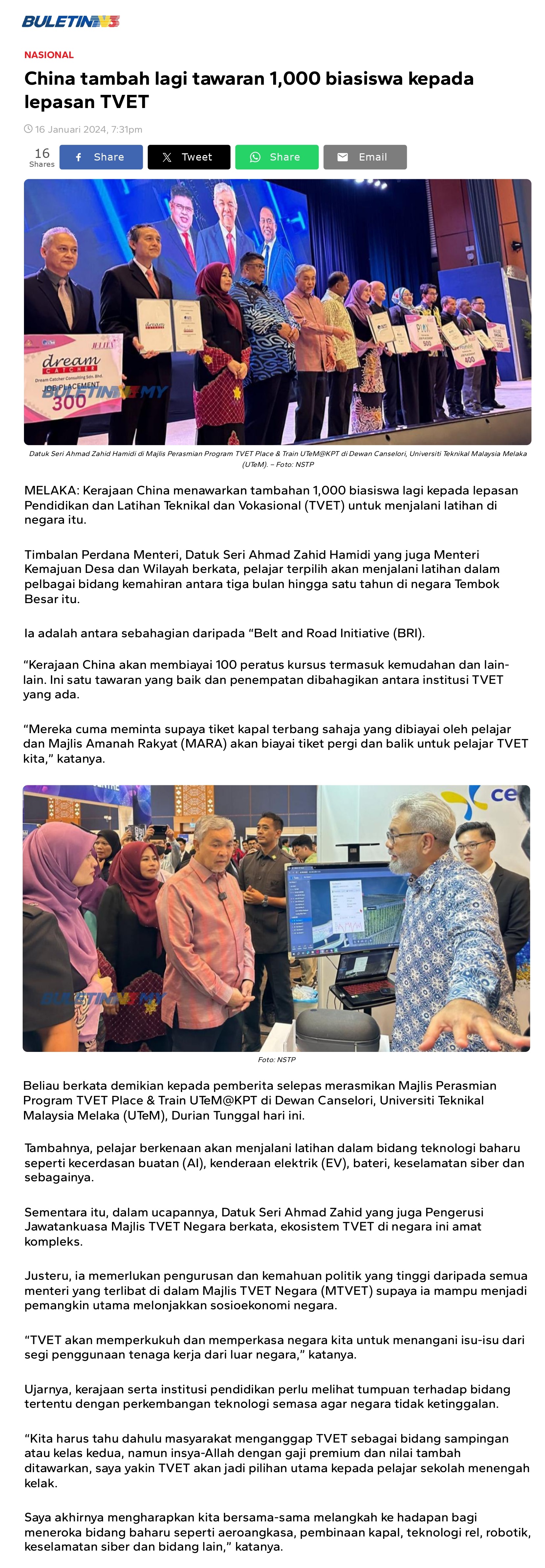 China tambah lagi tawaran 1,000 biasiswa kepada lepasan TVET