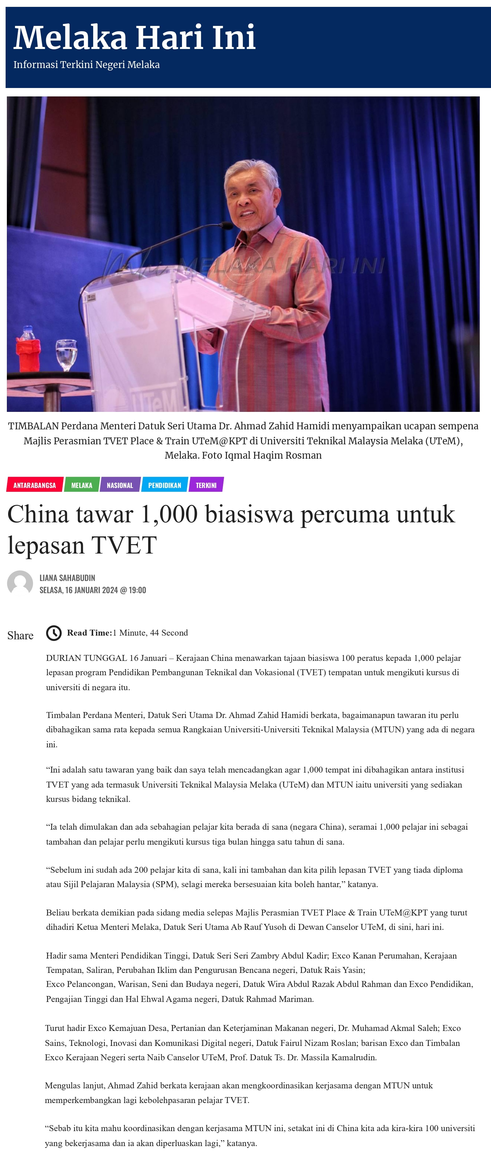 China tawar 1,000 biasiswa percuma untuk lepasan TVET