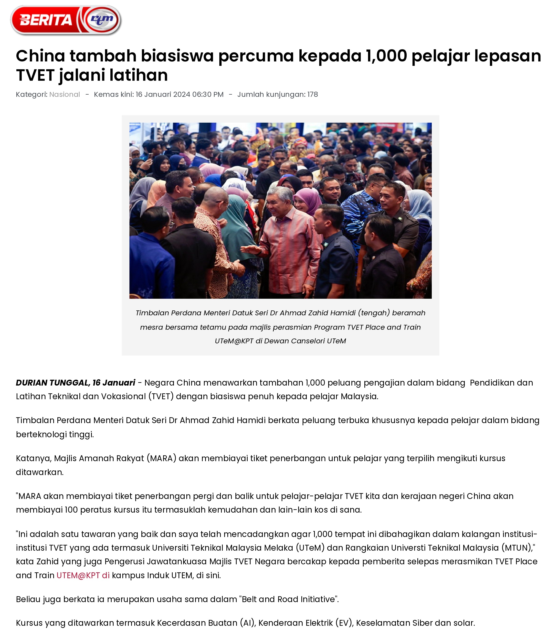 China tambah biasiswa percuma kepada 1,000 pelajar lepasan TVET jalani latihan