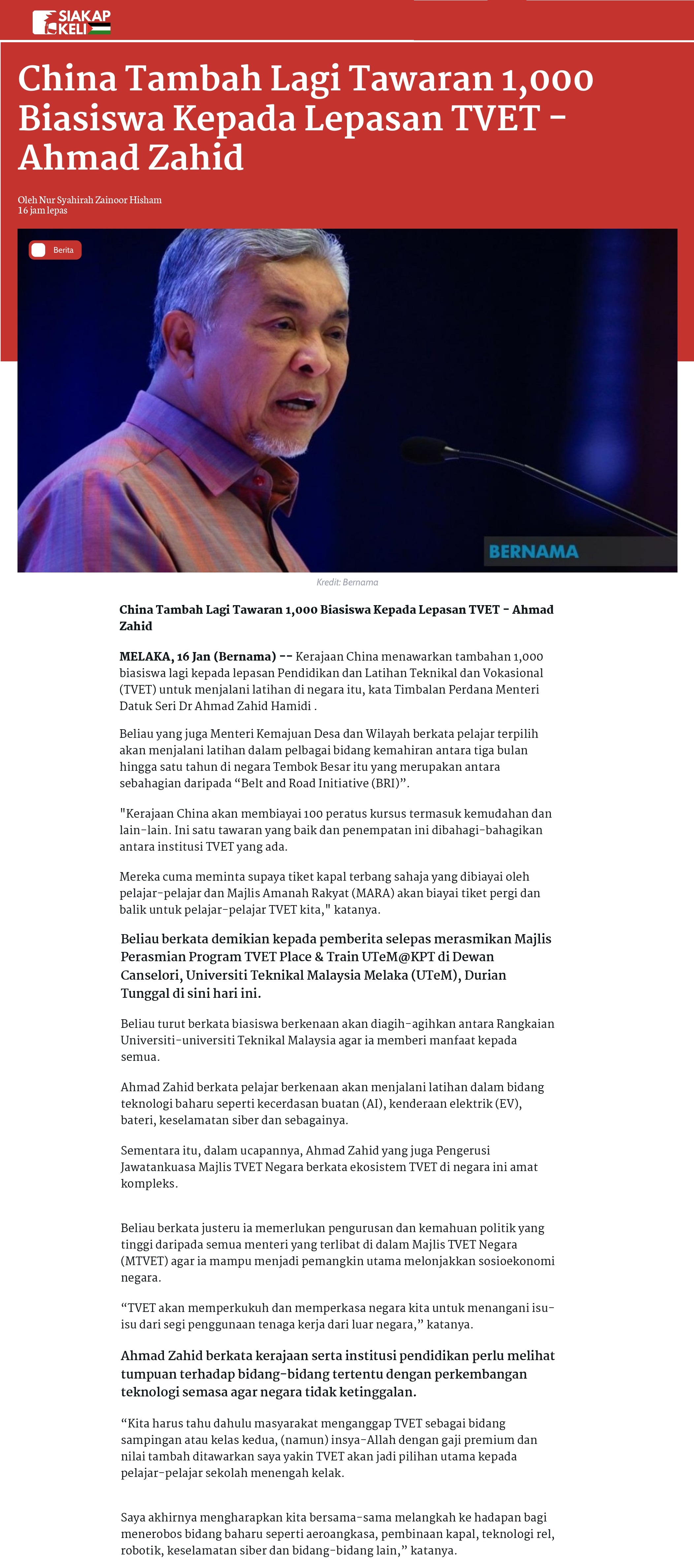 China Tambah Lagi Tawaran 1,000 Biasiswa Kepada Lepasan TVET - Ahmad Zahid