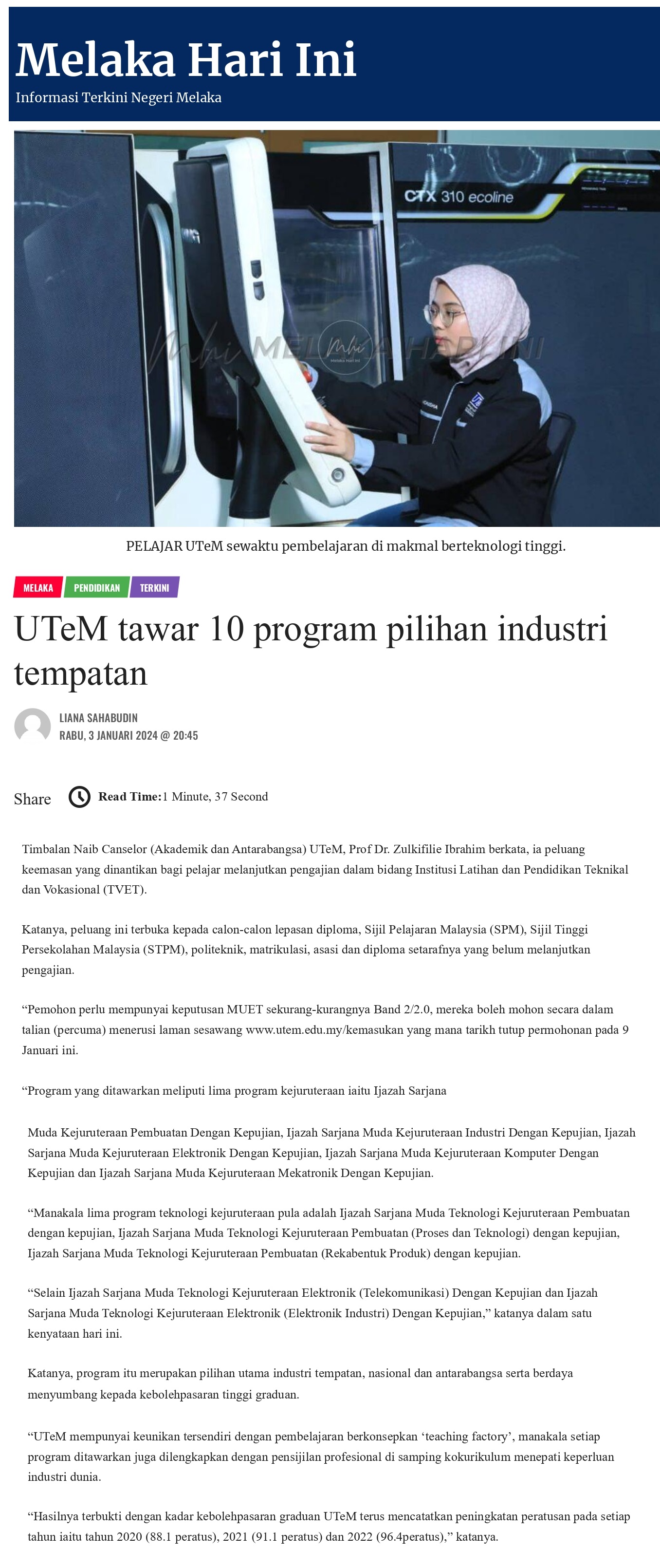UTeM tawar 10 program pilihan industri tempatan