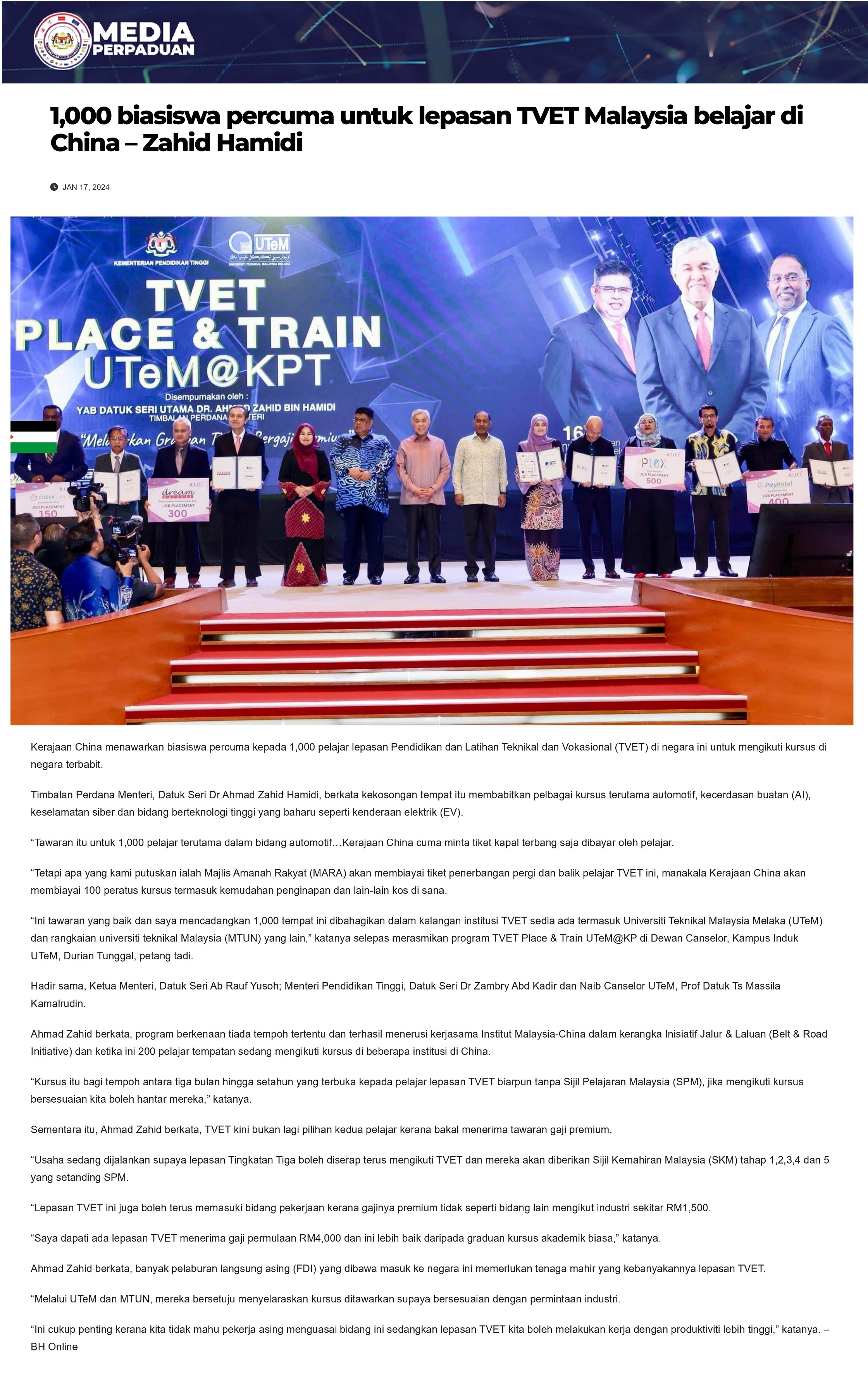 1,000 biasiswa percuma untuk lepasan TVET Malaysia belajar di China – Zahid Hamidi