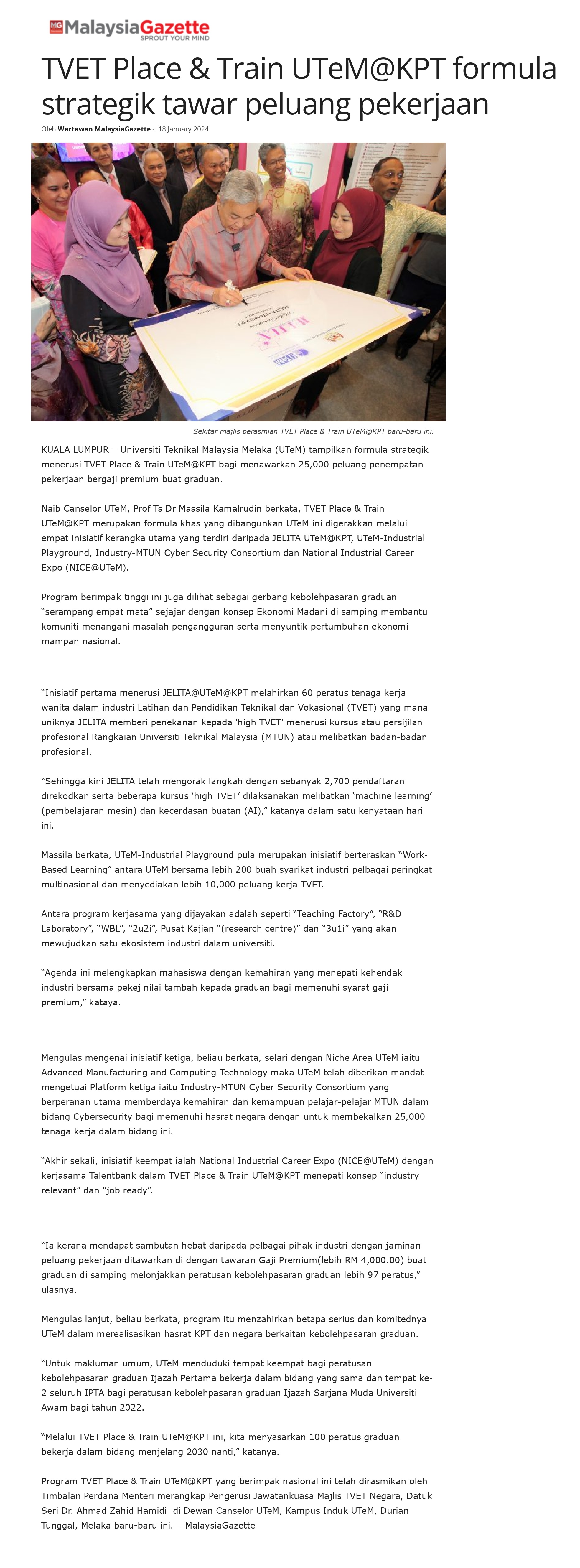 TVET Place & Train UTeM@KPT formula strategik tawar peluang pekerjaan