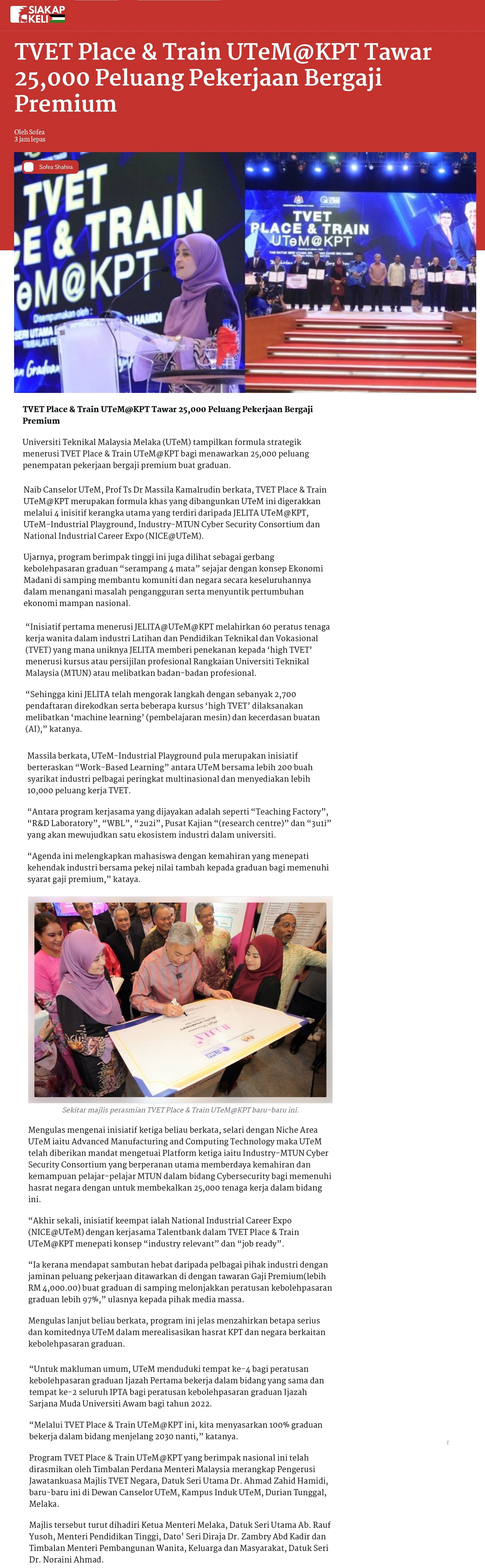 TVET Place & Train UTeM@KPT Tawar 25,000 Peluang Pekerjaan Bergaji Premium