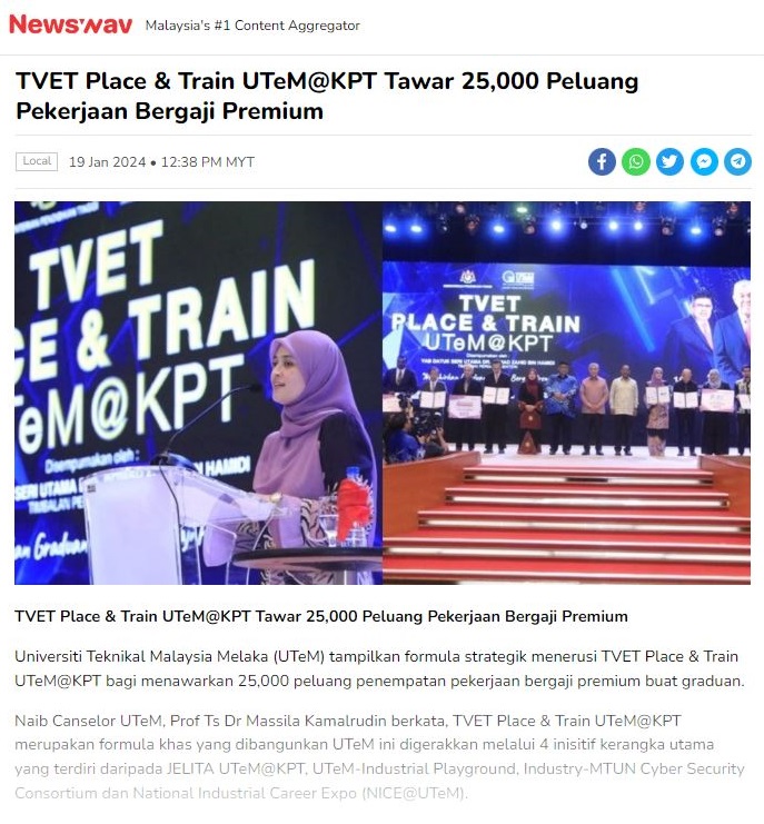 TVET Place & Train UTeM@KPT Tawar 25,000 Peluang Pekerjaan Bergaji Premium