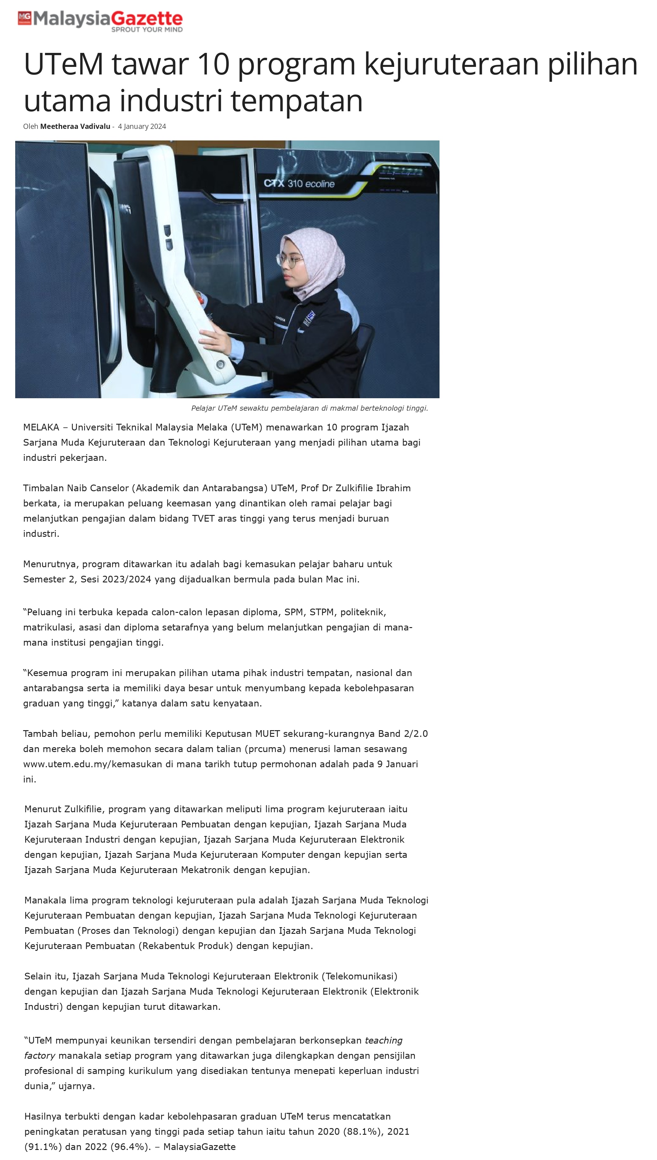 UTeM tawar 10 program kejuruteraan pilihan utama industri tempatan