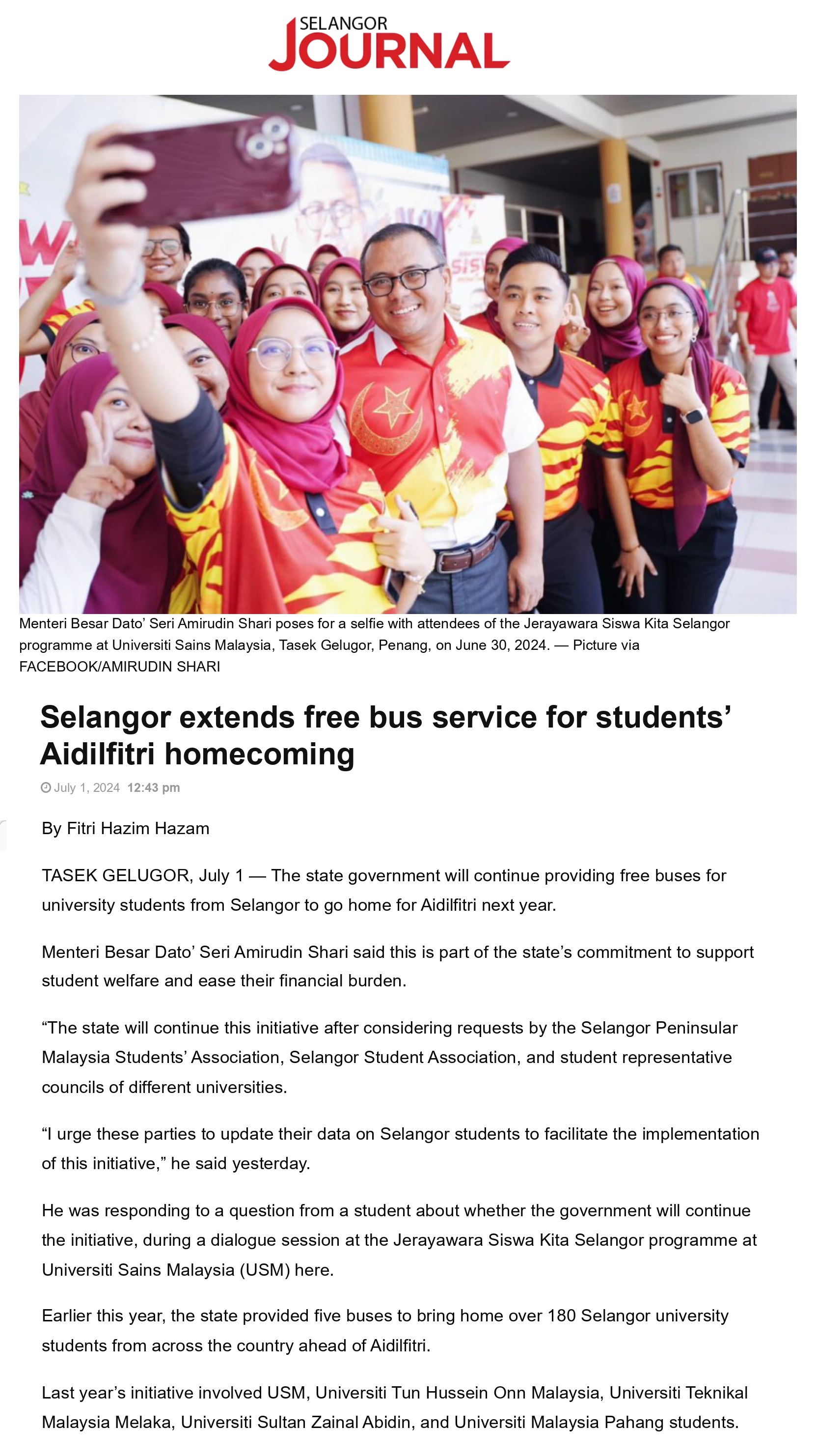 Selangor extends free bus service for students’ Aidilfitri homecoming