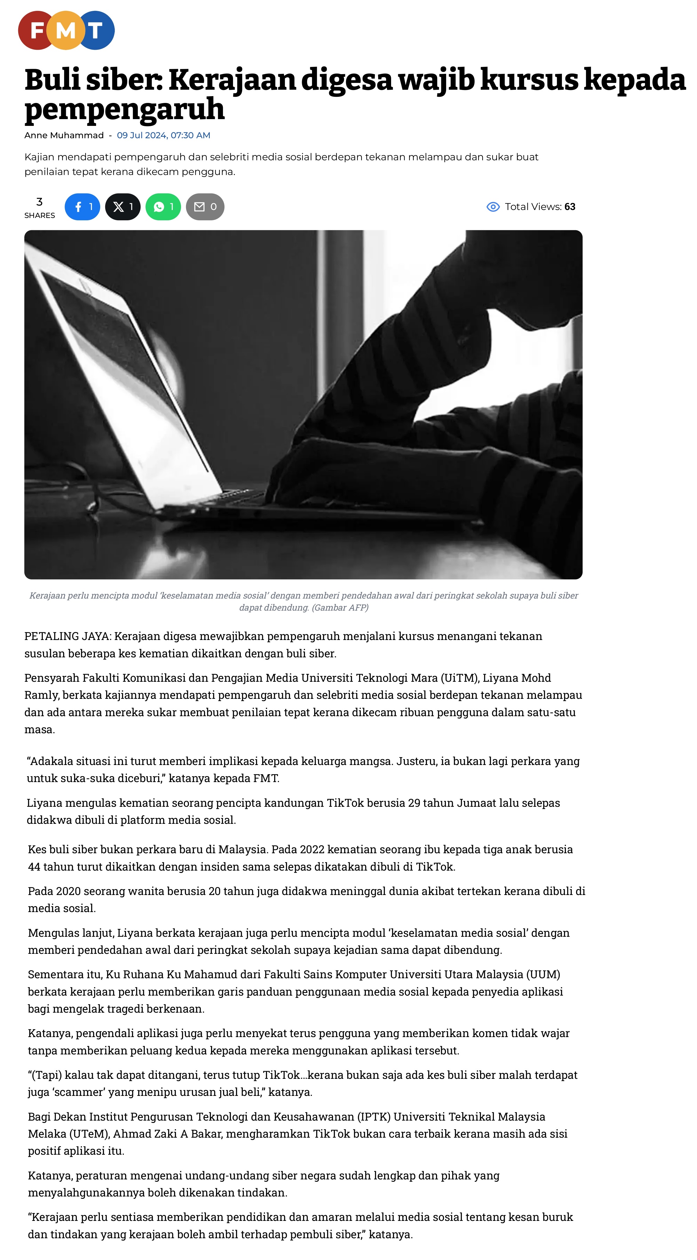 Buli siber: Kerajaan digesa wajib kursus kepada pempengaruh