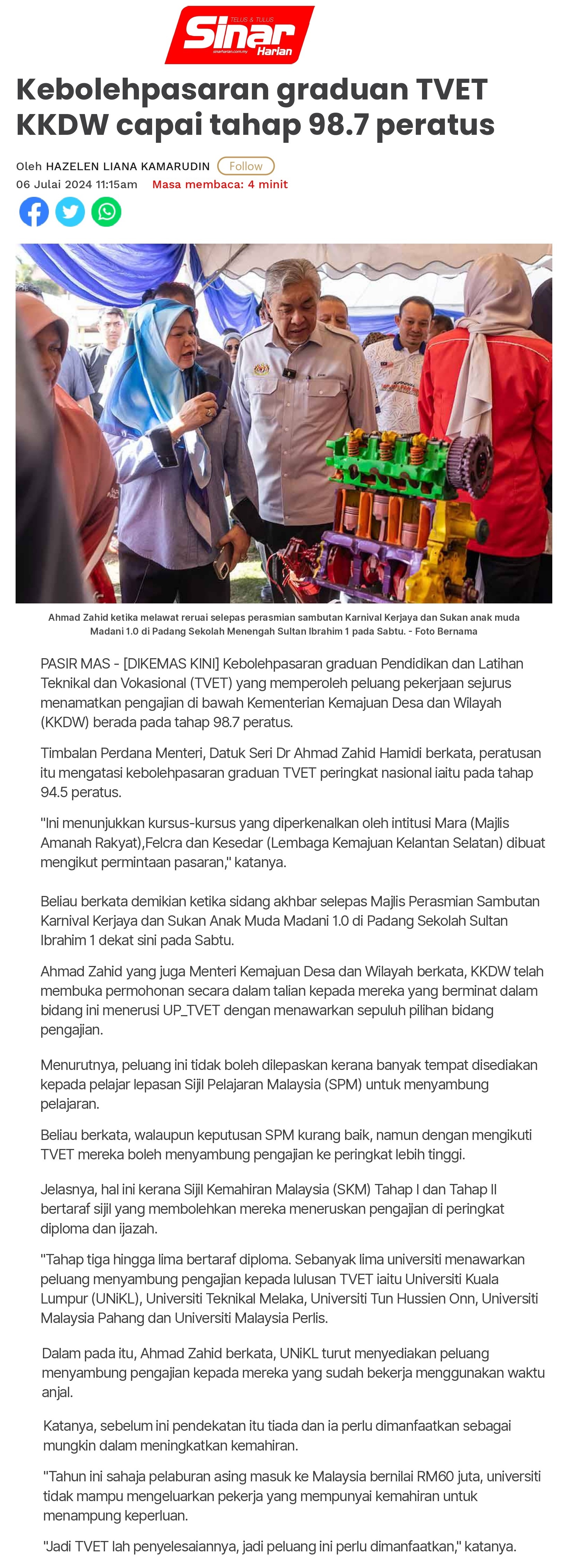 Kebolehpasaran graduan TVET KKDW capai tahap 98.7 peratus