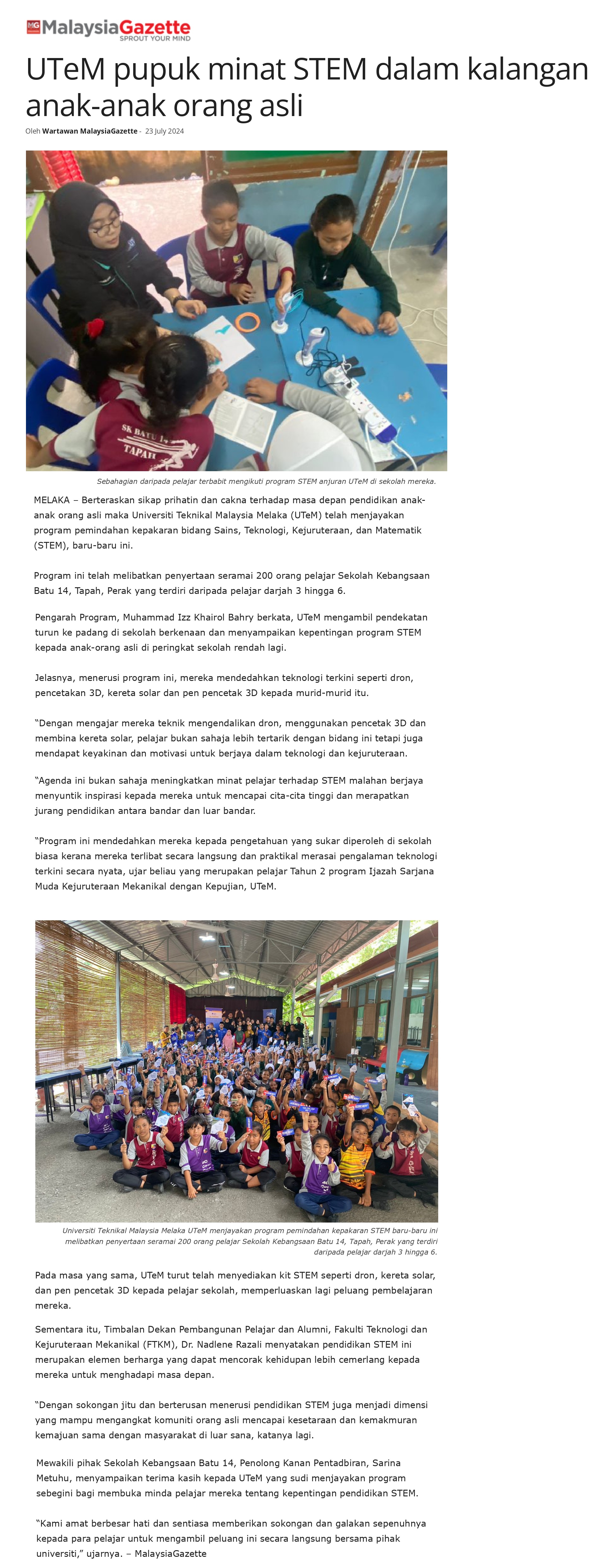 UTeM pupuk minat STEM dalam kalangan anak-anak orang asli