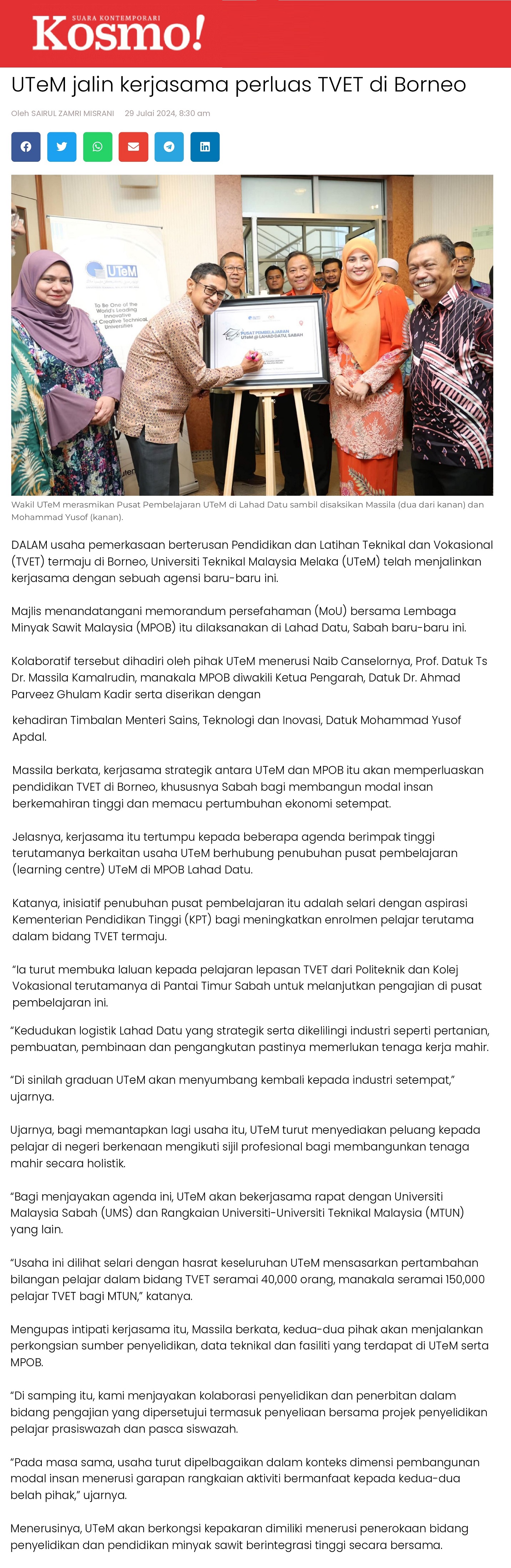 UTeM jalin kerjasama perluas TVET di Borneo