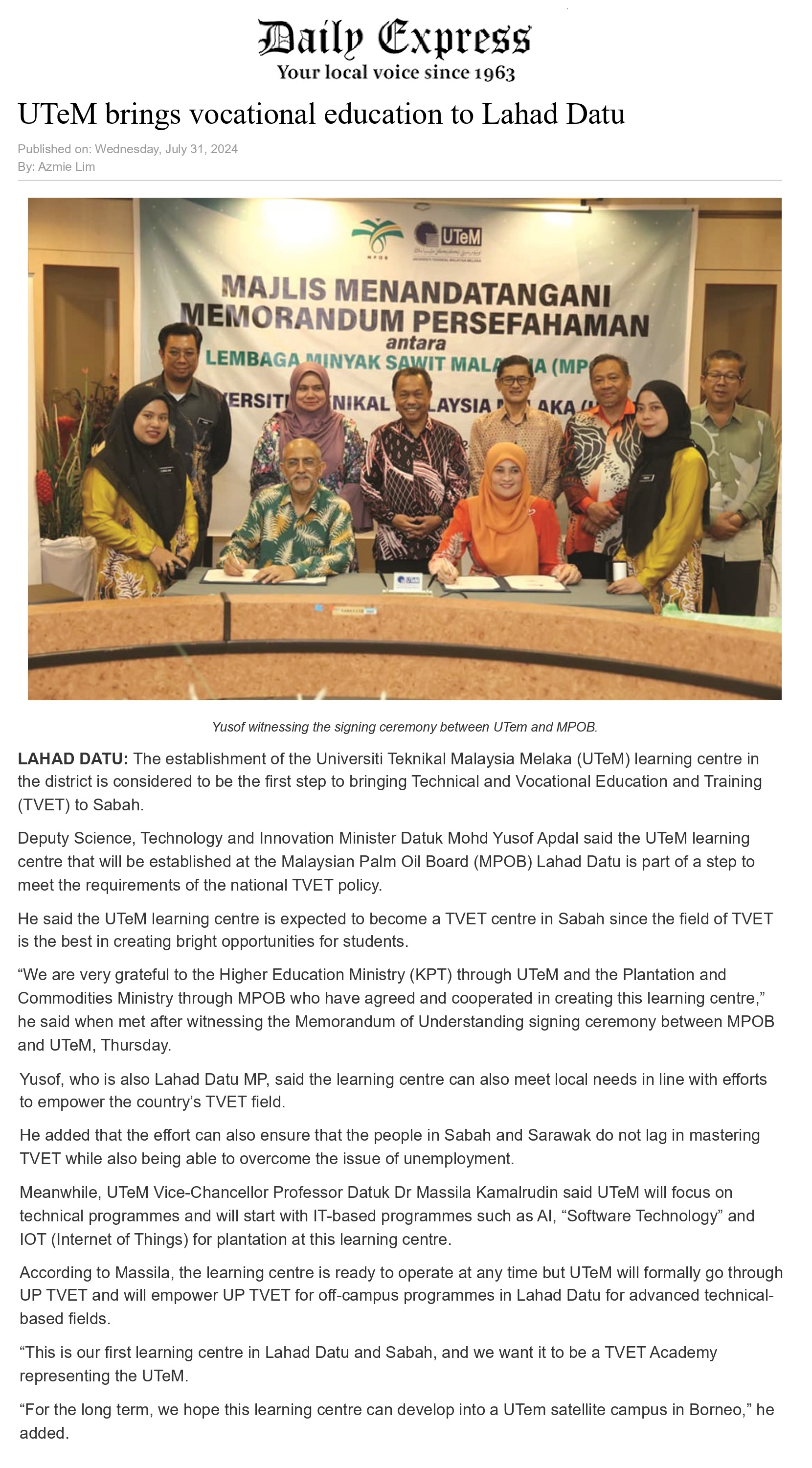  UTeM brings vocational education to Lahad Datu 