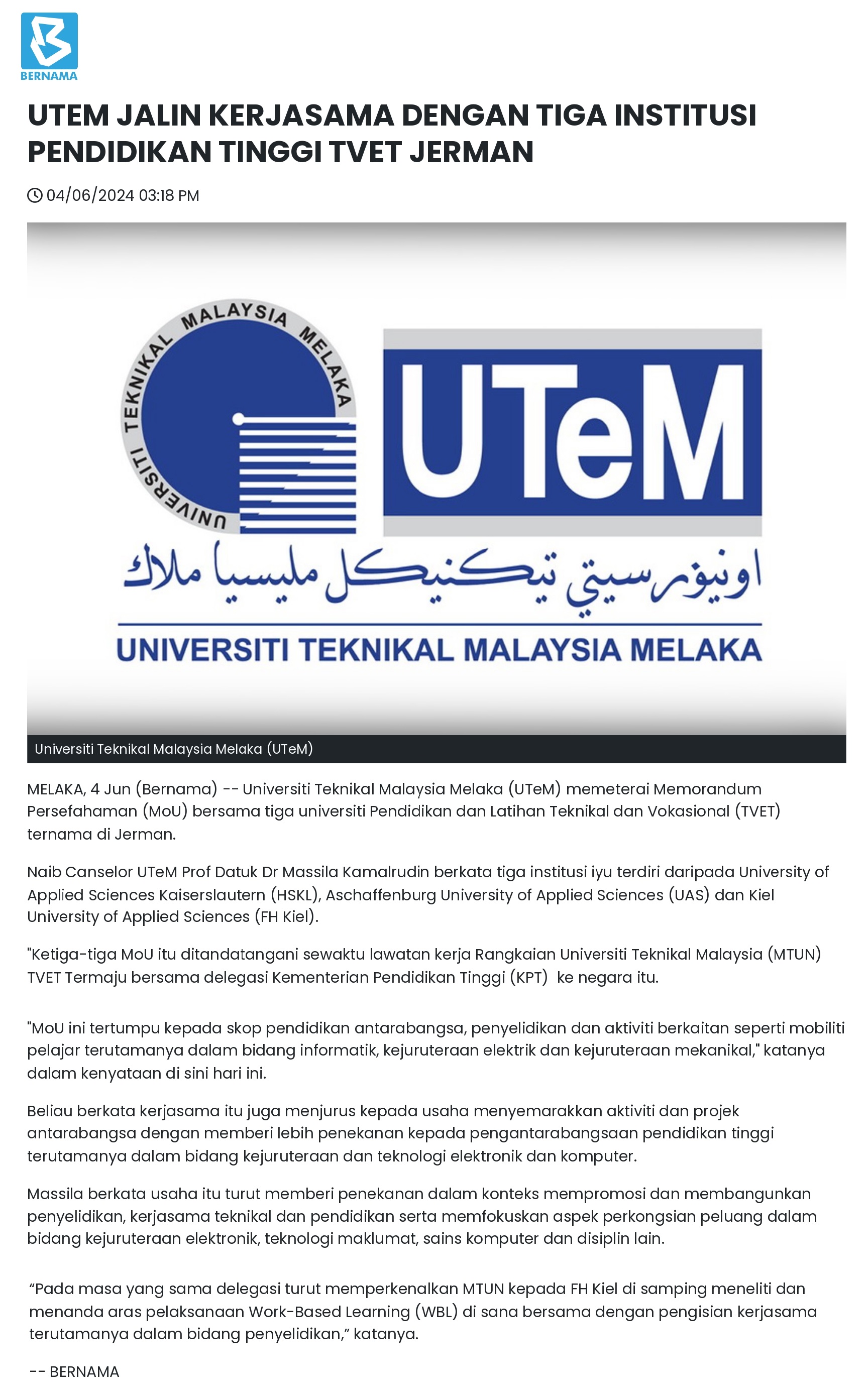 UTEM JALIN KERJASAMA DENGAN TIGA INSTITUSI PENDIDIKAN TINGGI TVET JERMAN