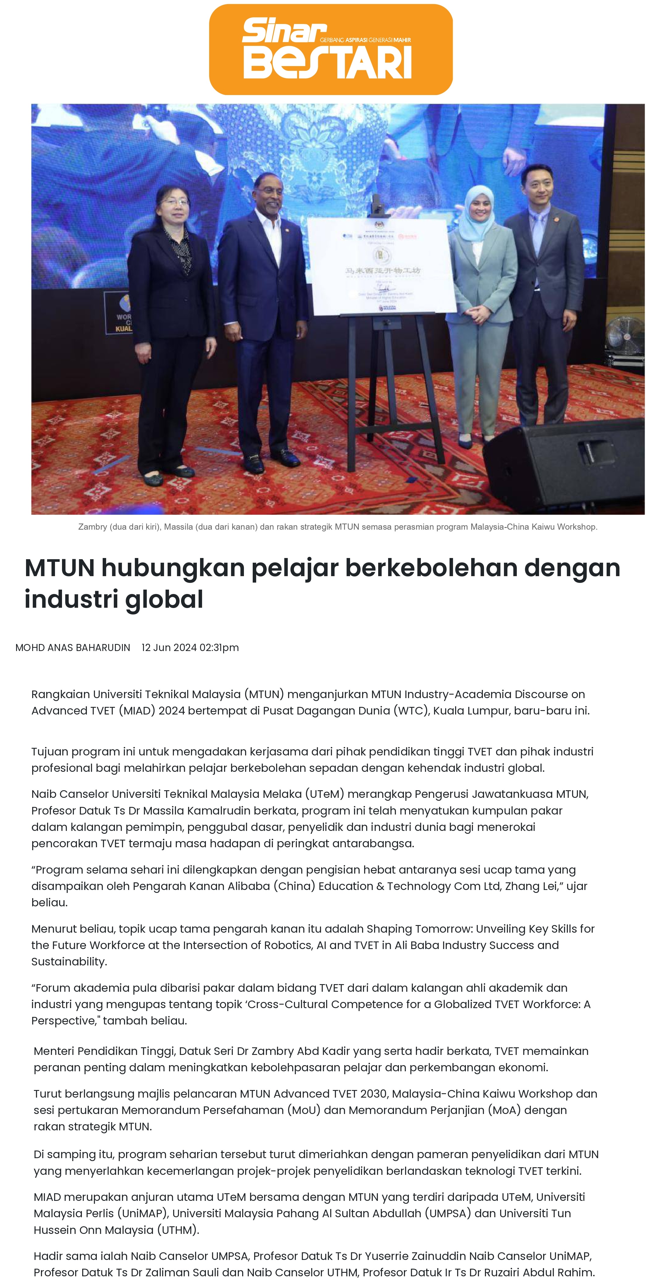 MTUN hubungkan pelajar berkebolehan dengan industri global