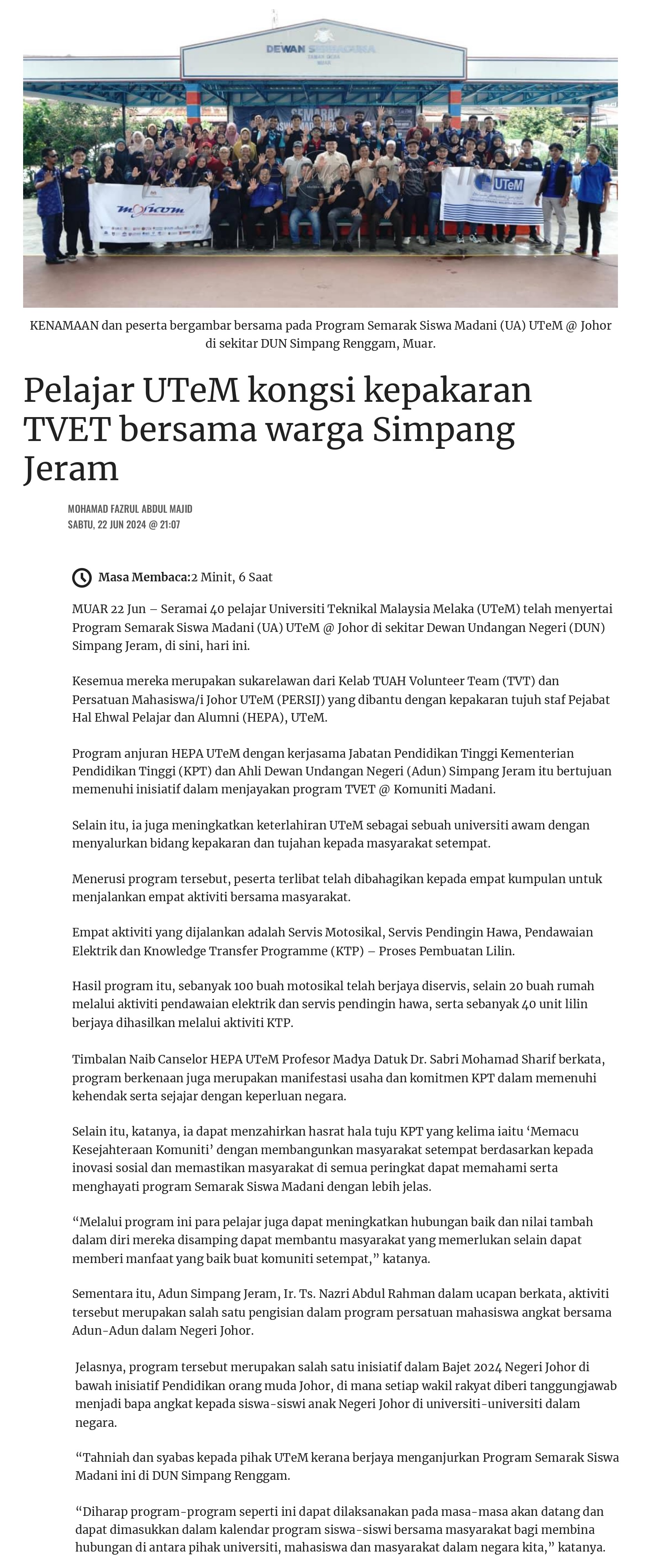 Pelajar UTeM kongsi kepakaran TVET bersama warga Simpang Jeram