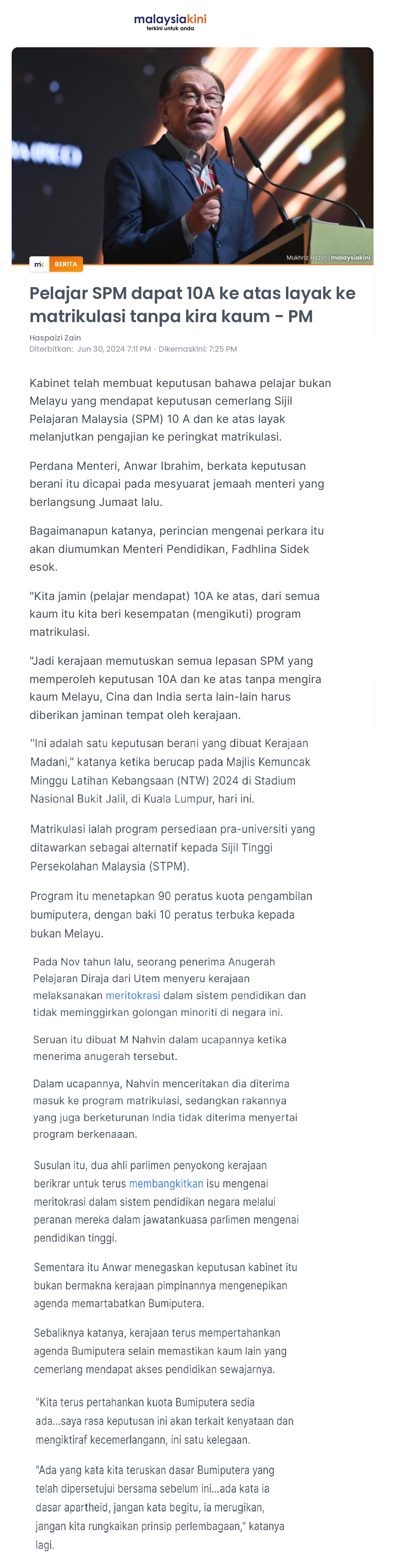 Pelajar SPM dapat 10A ke atas layak ke matrikulasi tanpa kira kaum - PM